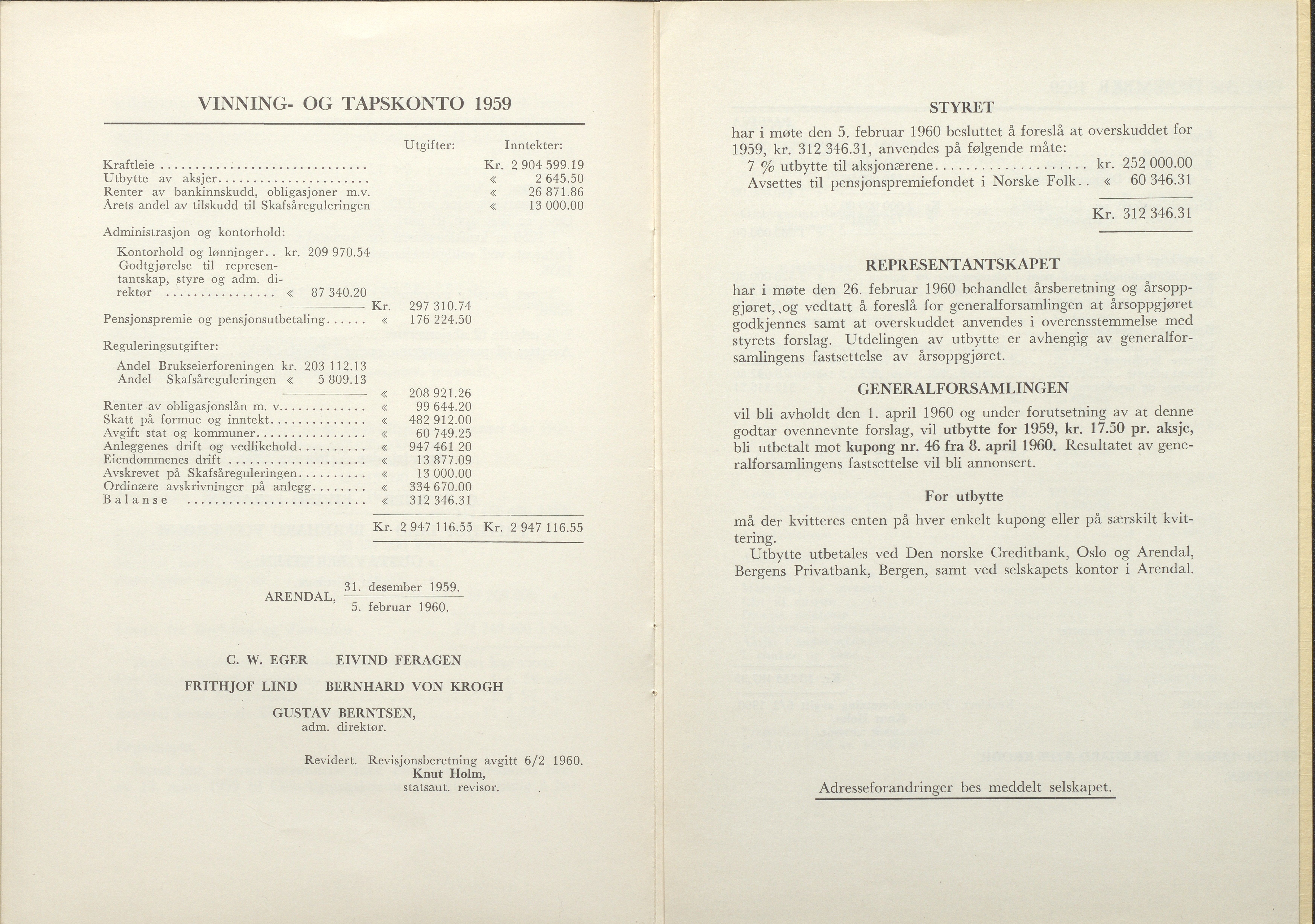 Arendals Fossekompani, AAKS/PA-2413/X/X01/L0001/0012: Beretninger, regnskap, balansekonto, gevinst- og tapskonto / Beretning, regnskap 1945 - 1962, 1945-1962, s. 90