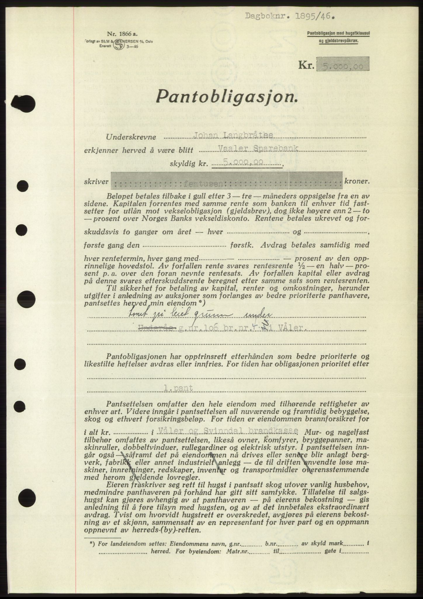 Moss sorenskriveri, SAO/A-10168: Pantebok nr. B15, 1946-1946, Dagboknr: 1895/1946