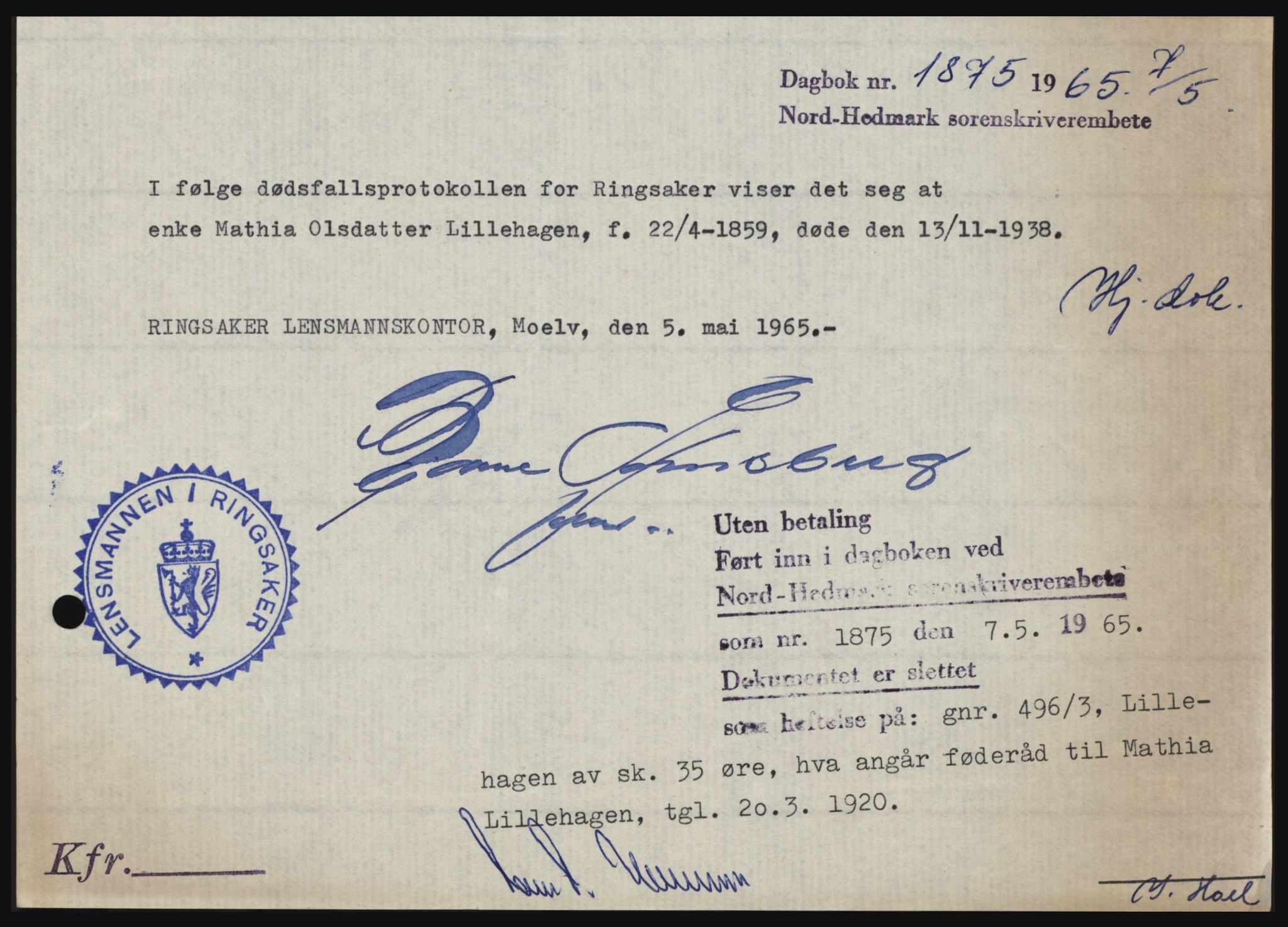 Nord-Hedmark sorenskriveri, AV/SAH-TING-012/H/Hc/L0021: Pantebok nr. 21, 1964-1965, Dagboknr: 1875/1965