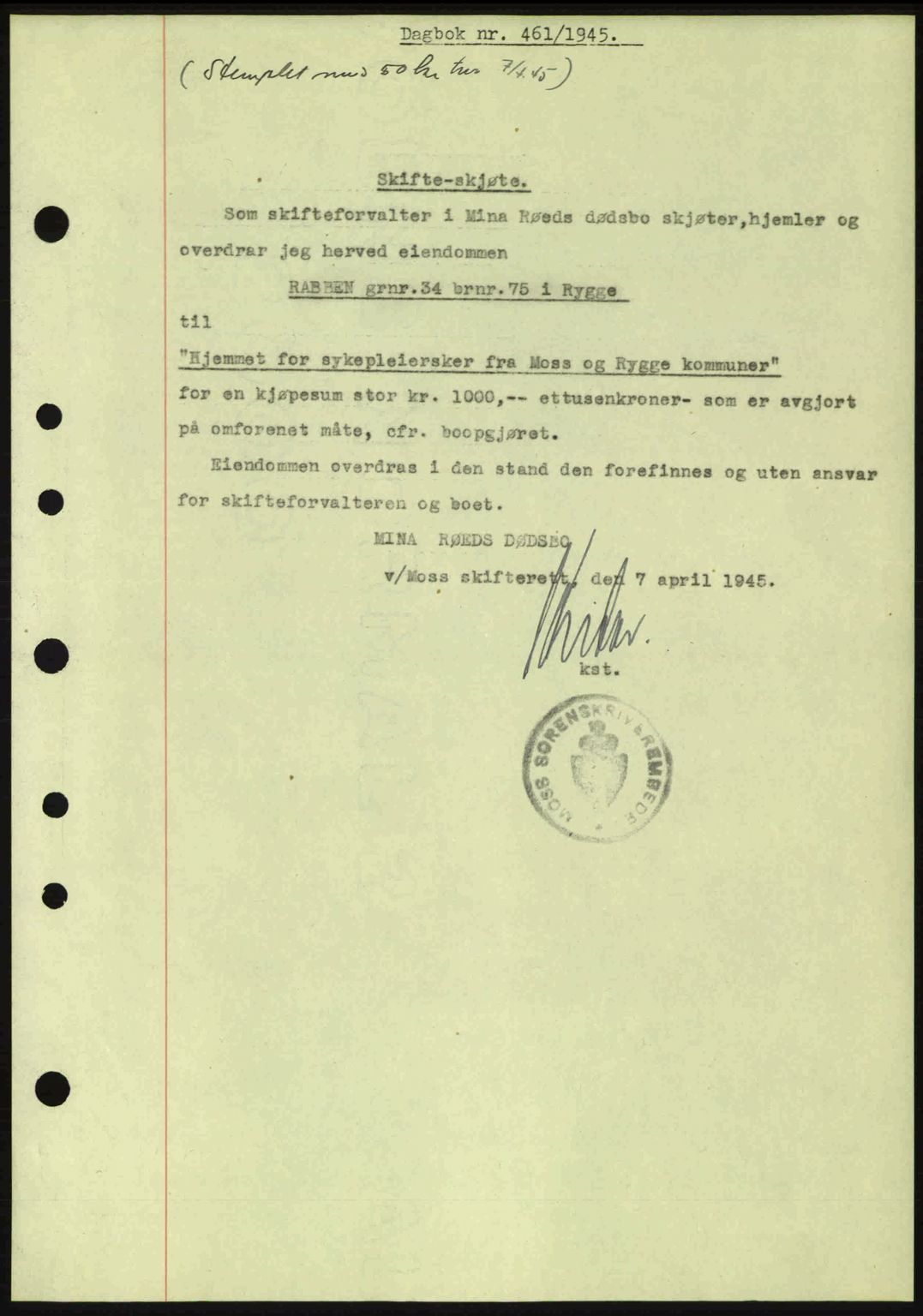 Moss sorenskriveri, SAO/A-10168: Pantebok nr. A13, 1944-1945, Dagboknr: 461/1945