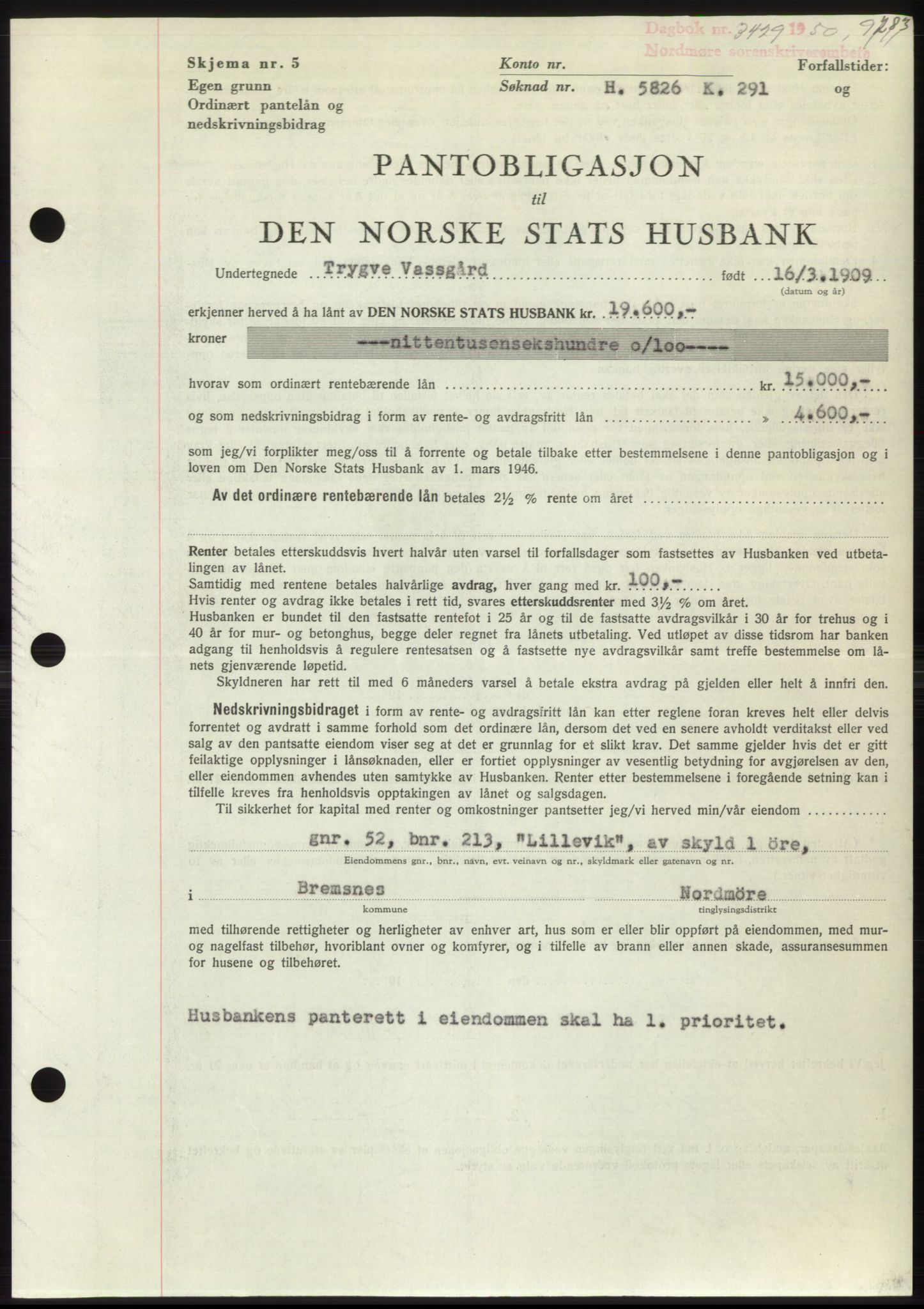 Nordmøre sorenskriveri, SAT/A-4132/1/2/2Ca: Pantebok nr. B106, 1950-1950, Dagboknr: 3429/1950