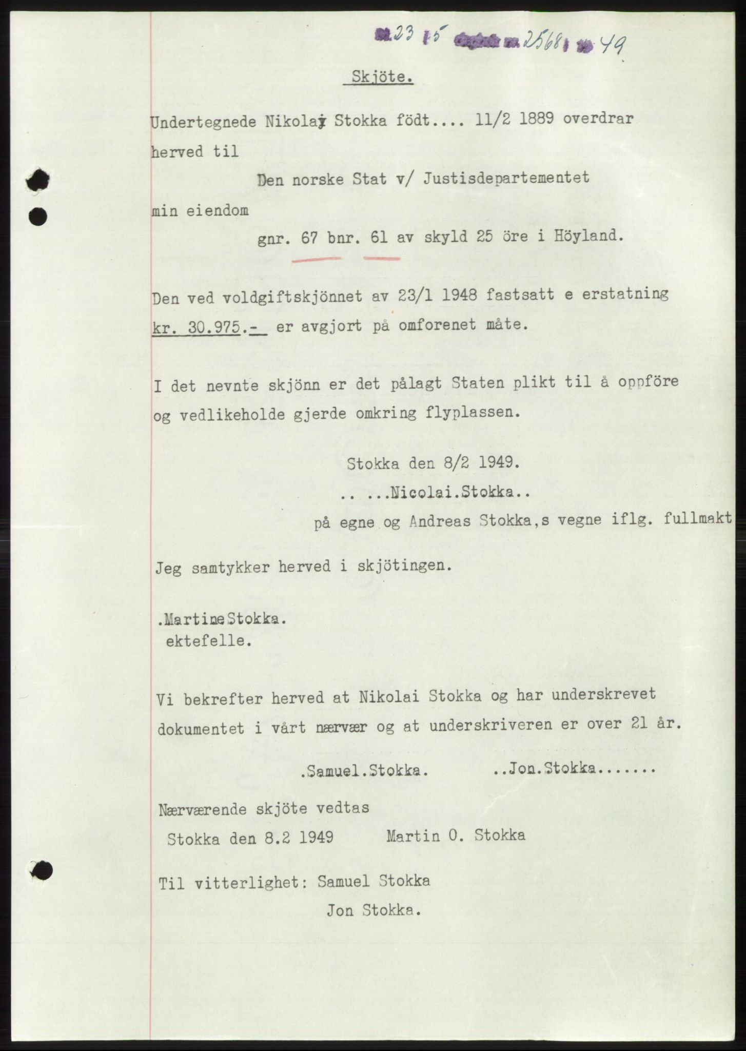 Jæren sorenskriveri, SAST/A-100310/03/G/Gba/L0102: Pantebok, 1949-1949, Dagboknr: 2568/1949