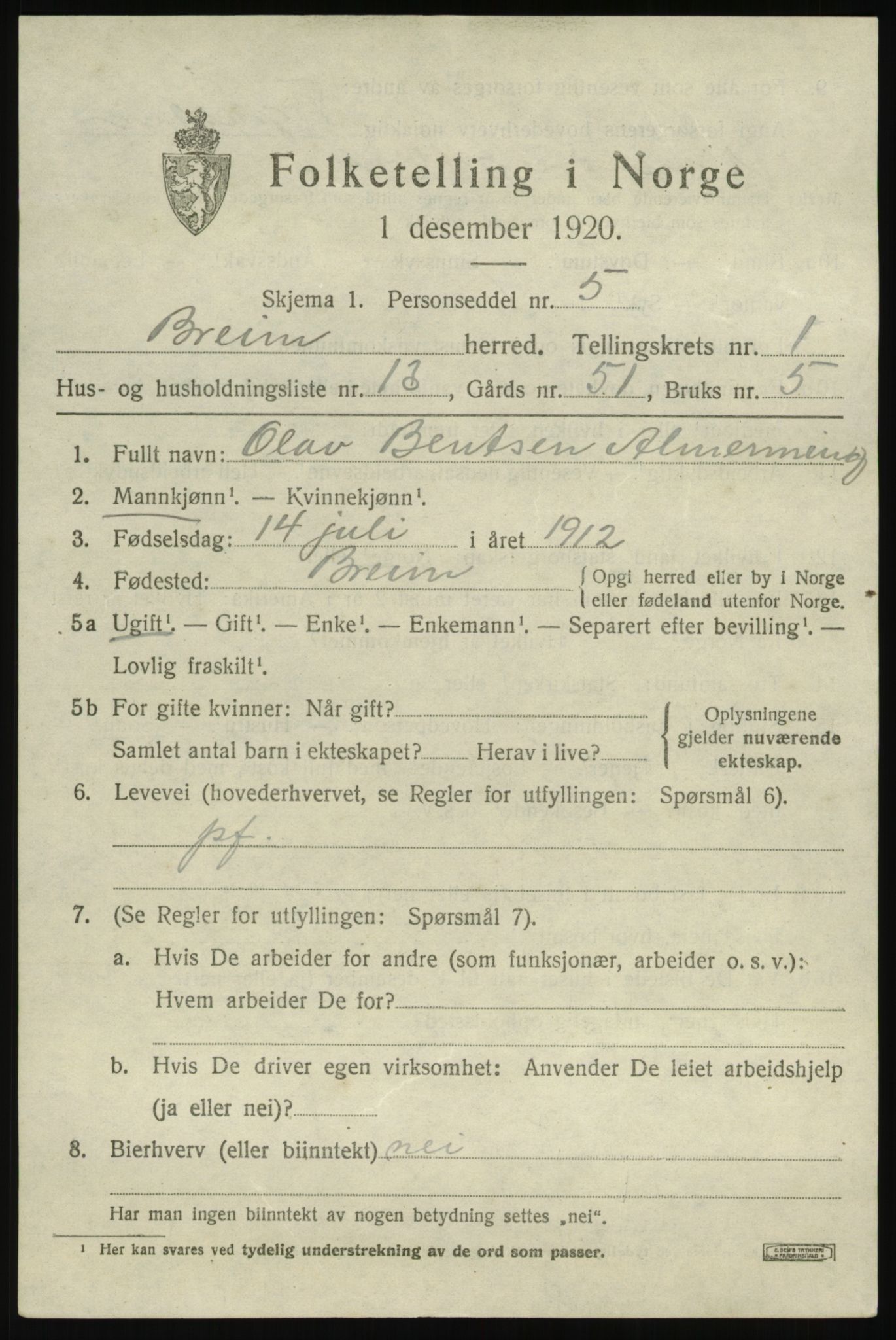 SAB, Folketelling 1920 for 1446 Breim herred, 1920, s. 801