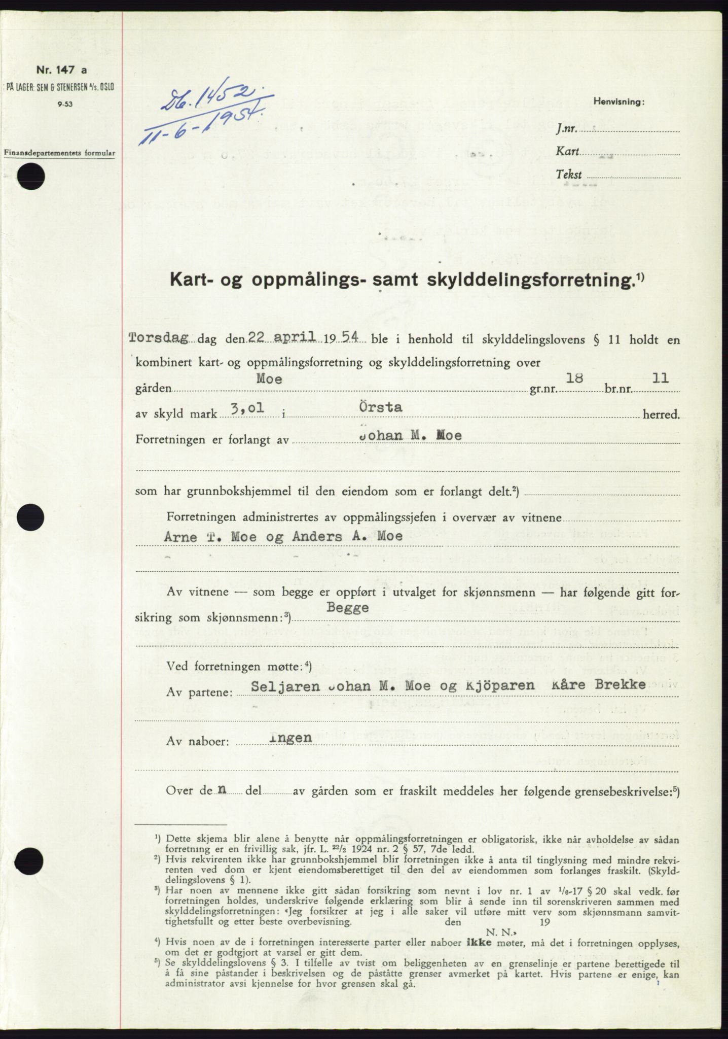 Søre Sunnmøre sorenskriveri, SAT/A-4122/1/2/2C/L0098: Pantebok nr. 24A, 1954-1954, Dagboknr: 1452/1954