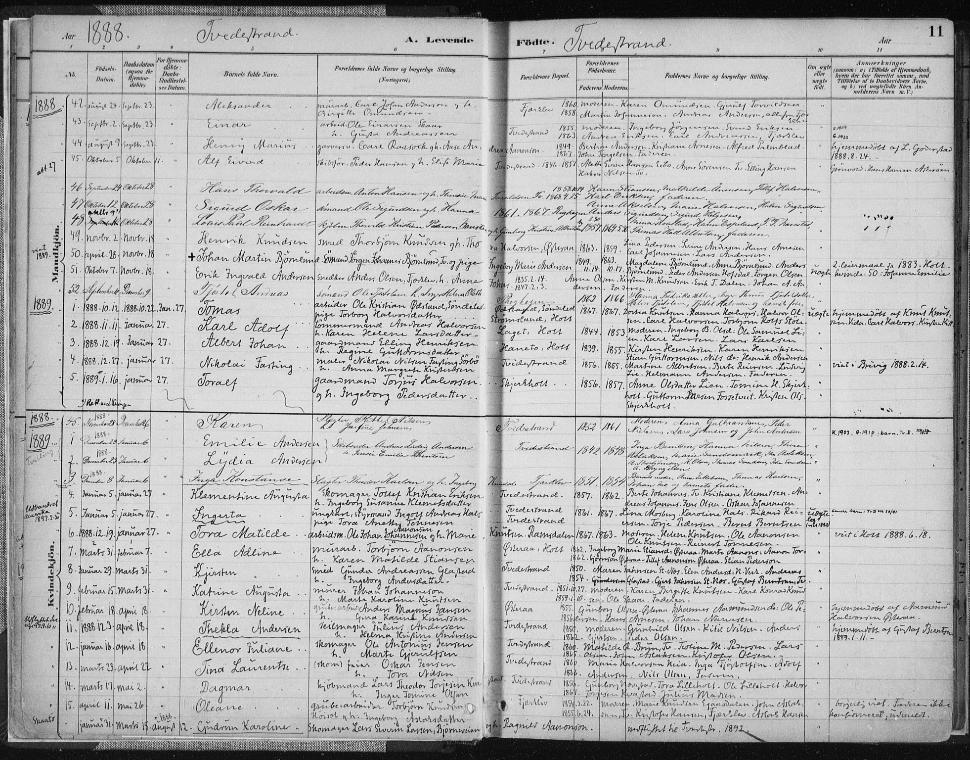 Tvedestrand sokneprestkontor, AV/SAK-1111-0042/F/Fa/L0001: Ministerialbok nr. A 1, 1885-1916, s. 11
