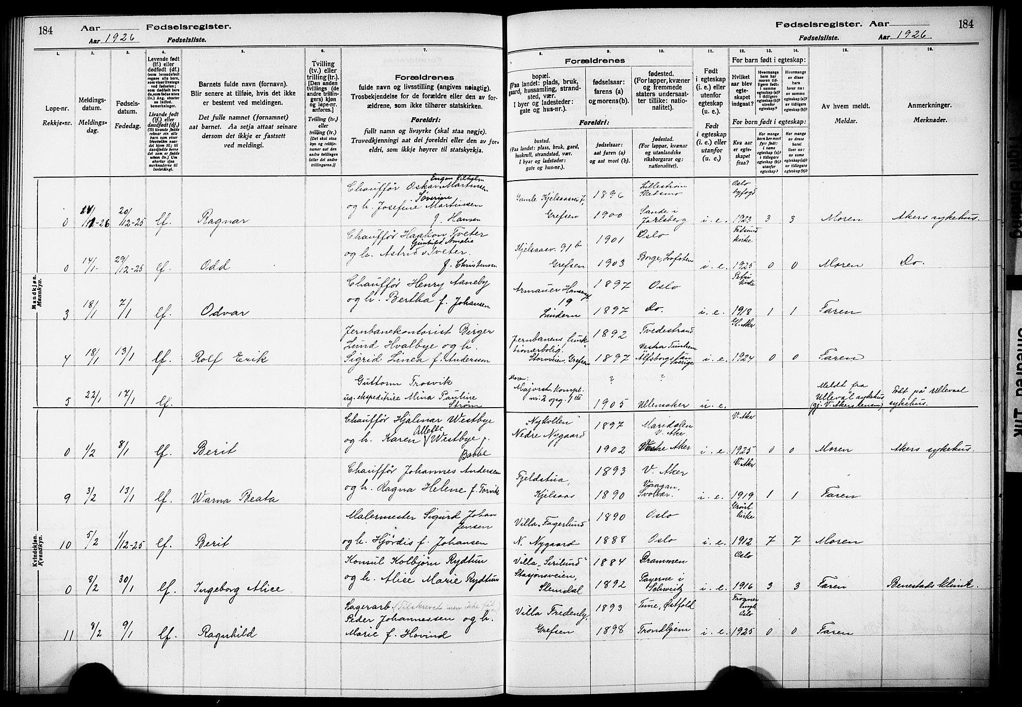 Vestre Aker prestekontor Kirkebøker, AV/SAO-A-10025/J/Ja/L0002: Fødselsregister nr. 2, 1922-1926, s. 184