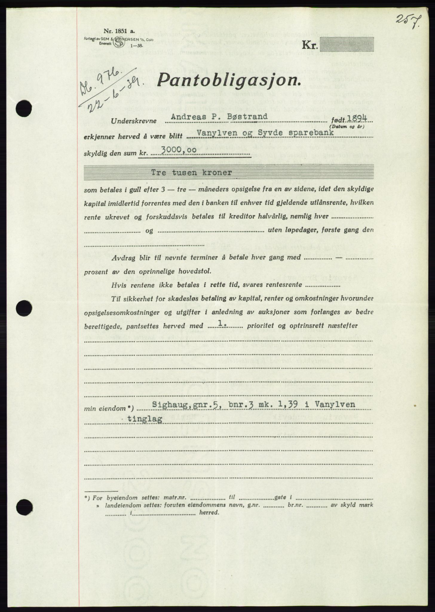 Søre Sunnmøre sorenskriveri, AV/SAT-A-4122/1/2/2C/L0068: Pantebok nr. 62, 1939-1939, Dagboknr: 976/1939