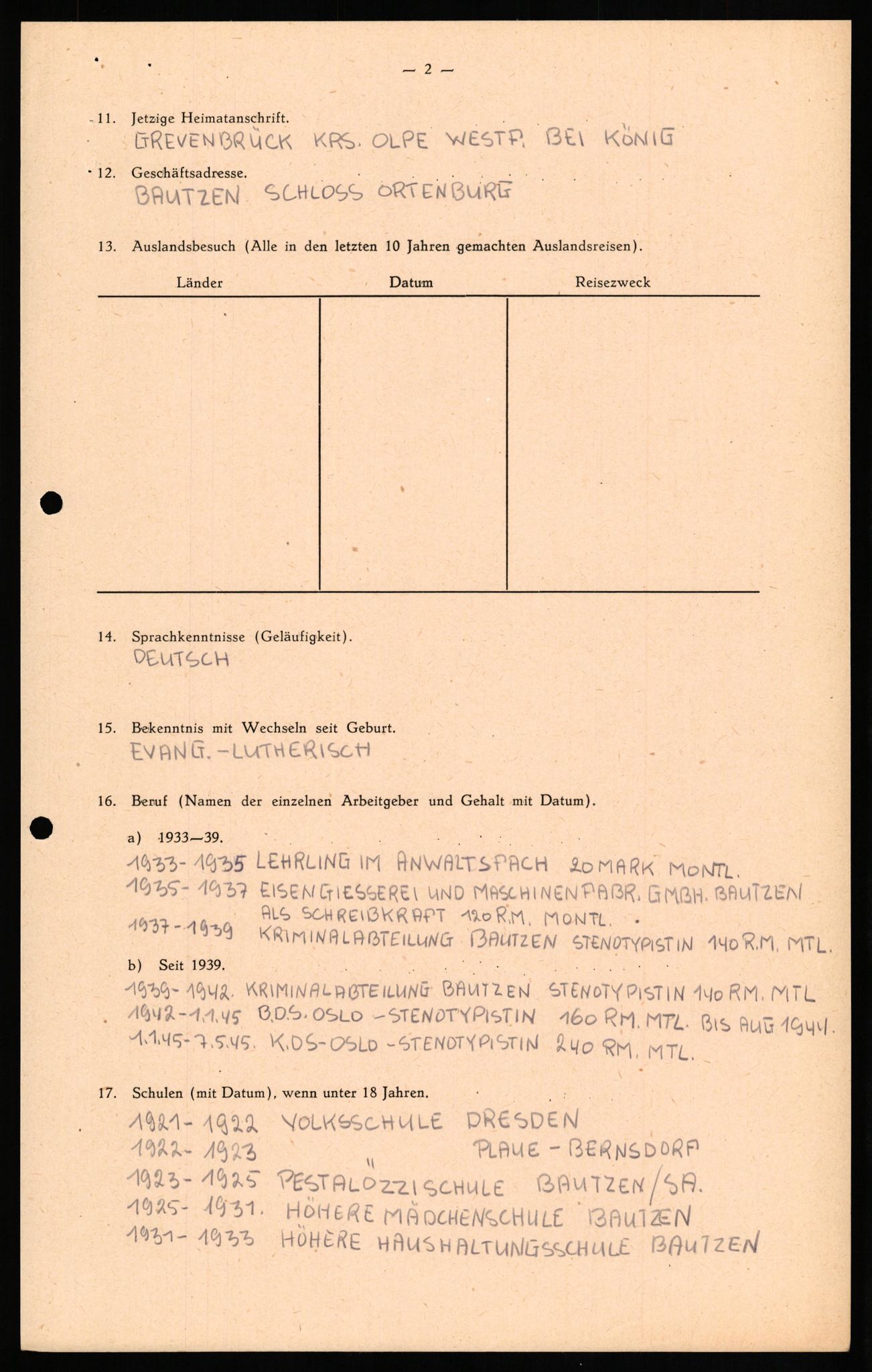 Forsvaret, Forsvarets overkommando II, RA/RAFA-3915/D/Db/L0022: CI Questionaires. Tyske okkupasjonsstyrker i Norge. Tyskere., 1945-1946, s. 148