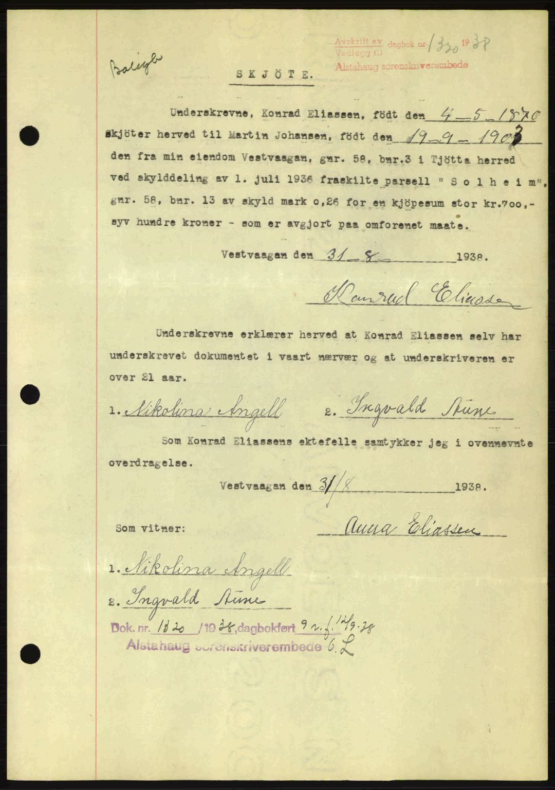Alstahaug sorenskriveri, SAT/A-1009: Pantebok nr. A3, 1937-1938, Dagboknr: 1320/1938
