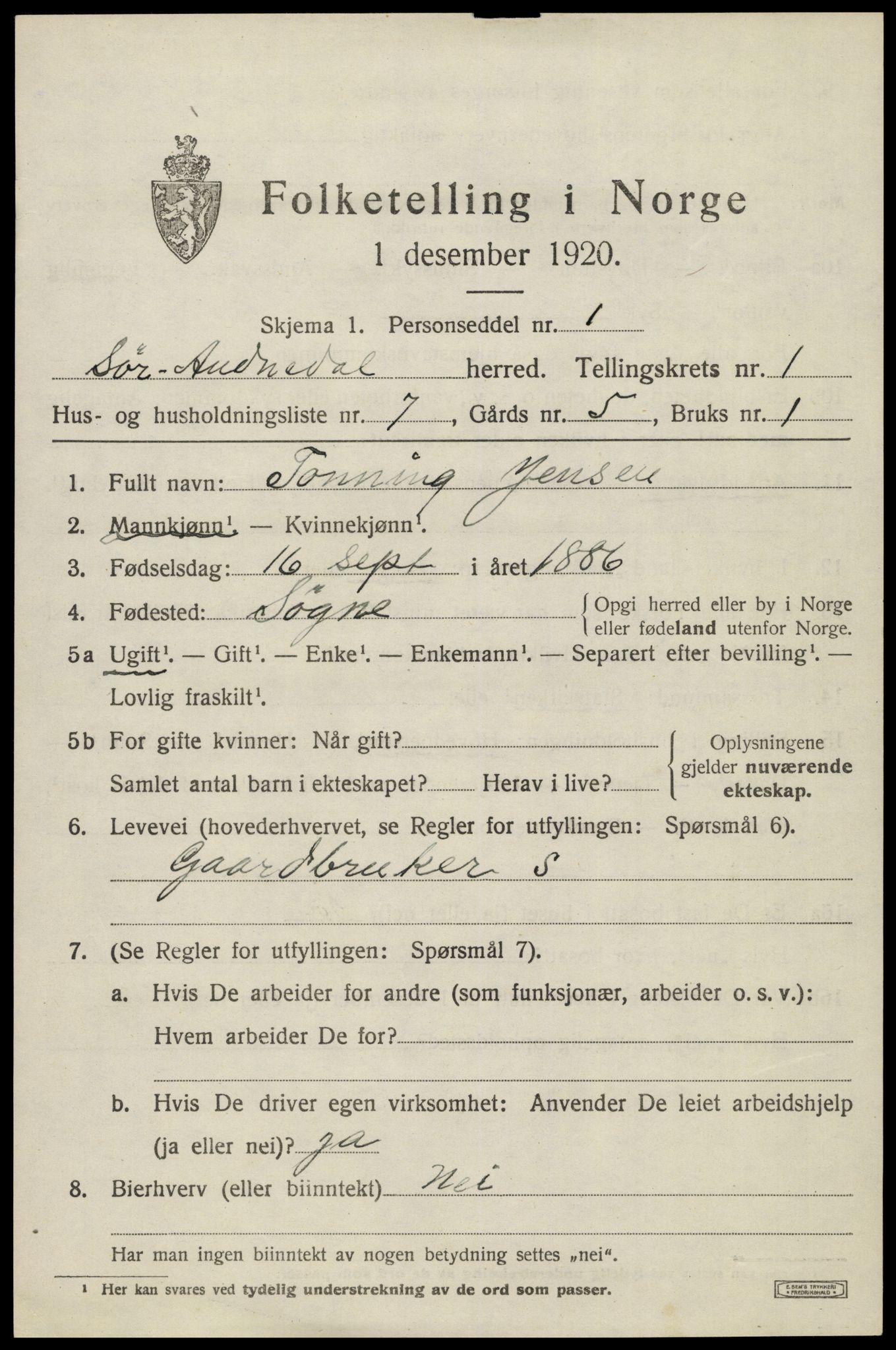 SAK, Folketelling 1920 for 1029 Sør-Audnedal herred, 1920, s. 1497