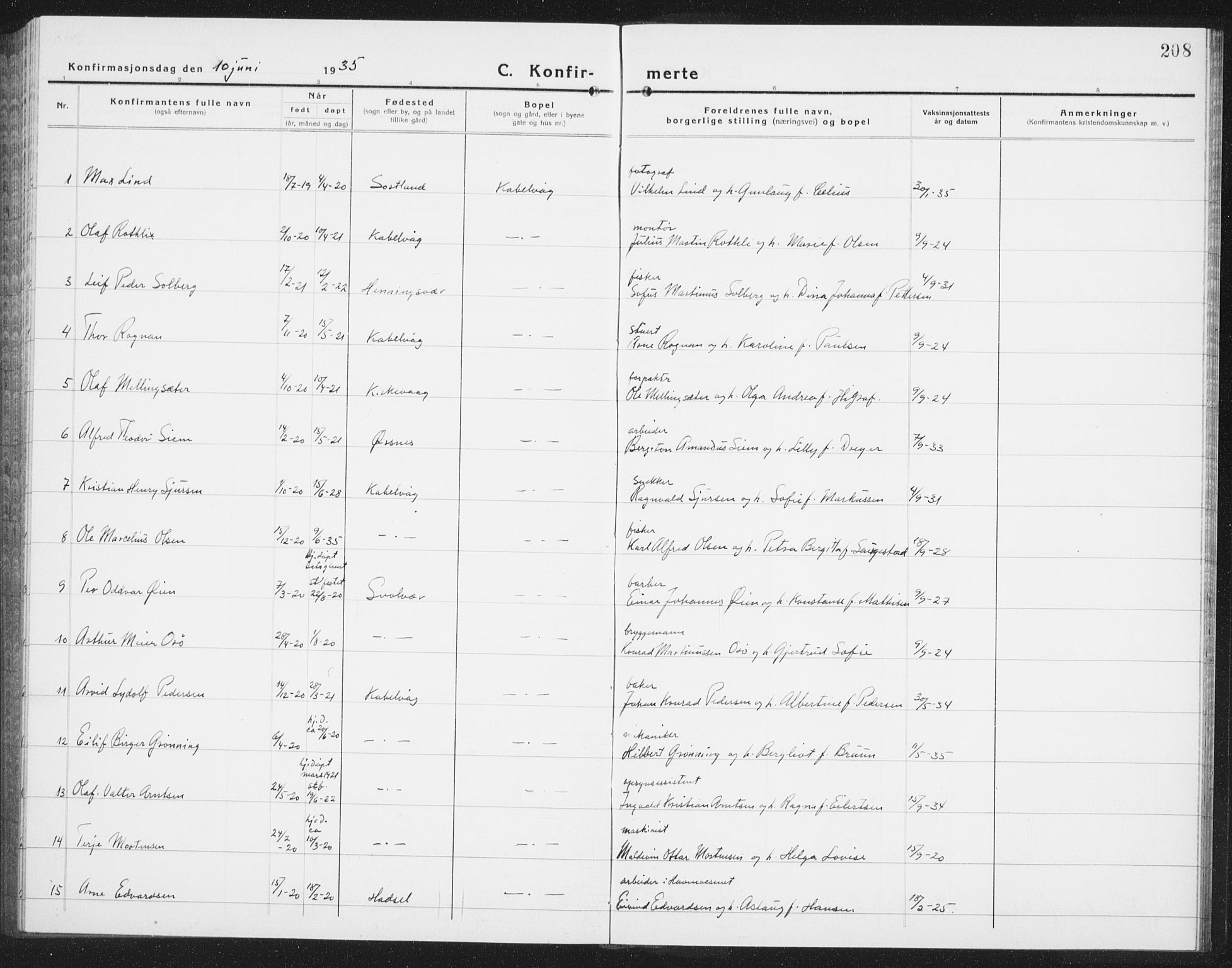 Ministerialprotokoller, klokkerbøker og fødselsregistre - Nordland, AV/SAT-A-1459/874/L1081: Klokkerbok nr. 874C10, 1925-1941, s. 208