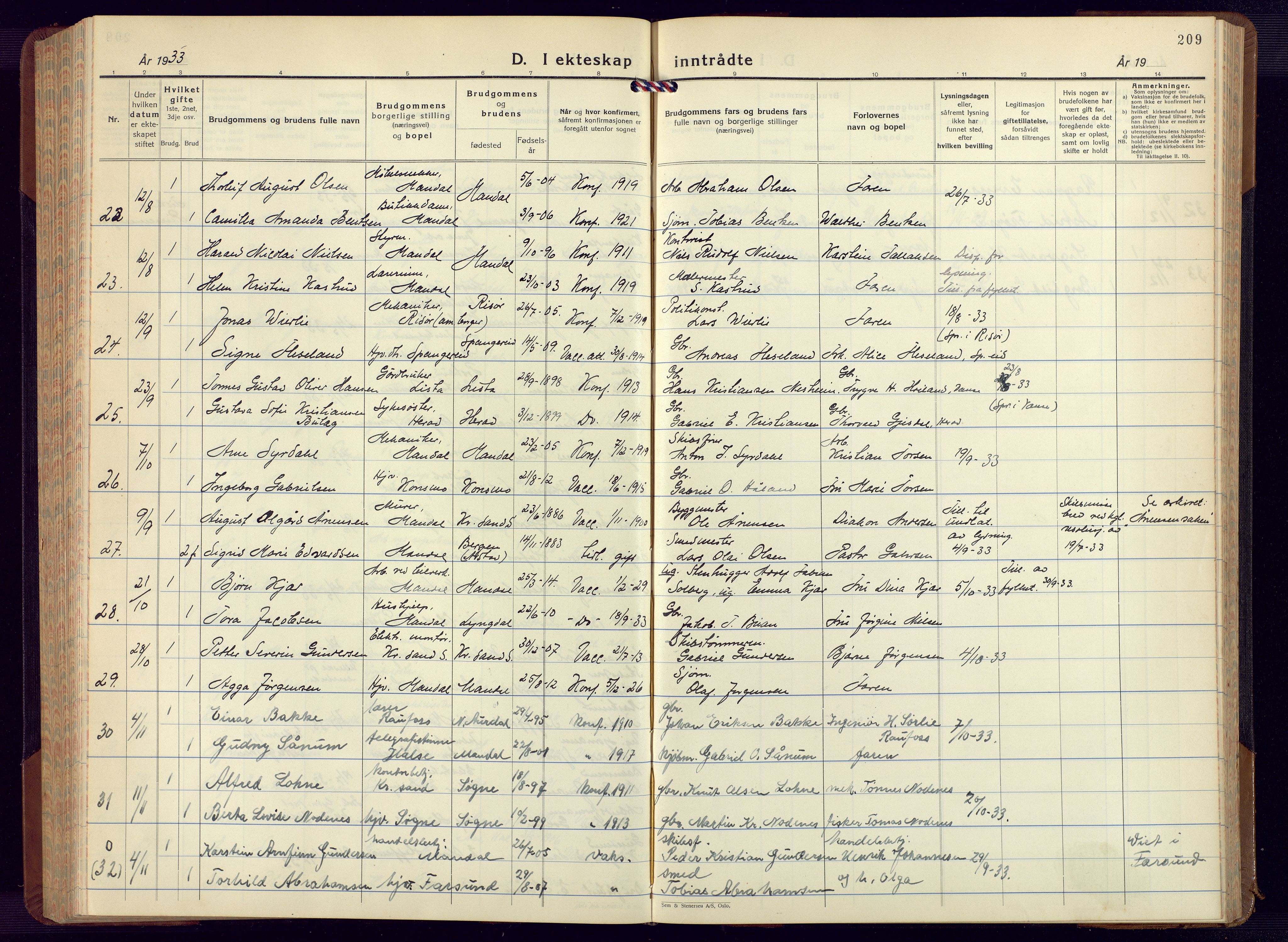 Mandal sokneprestkontor, AV/SAK-1111-0030/F/Fb/Fbc/L0002: Klokkerbok nr. B 2, 1931-1949, s. 209