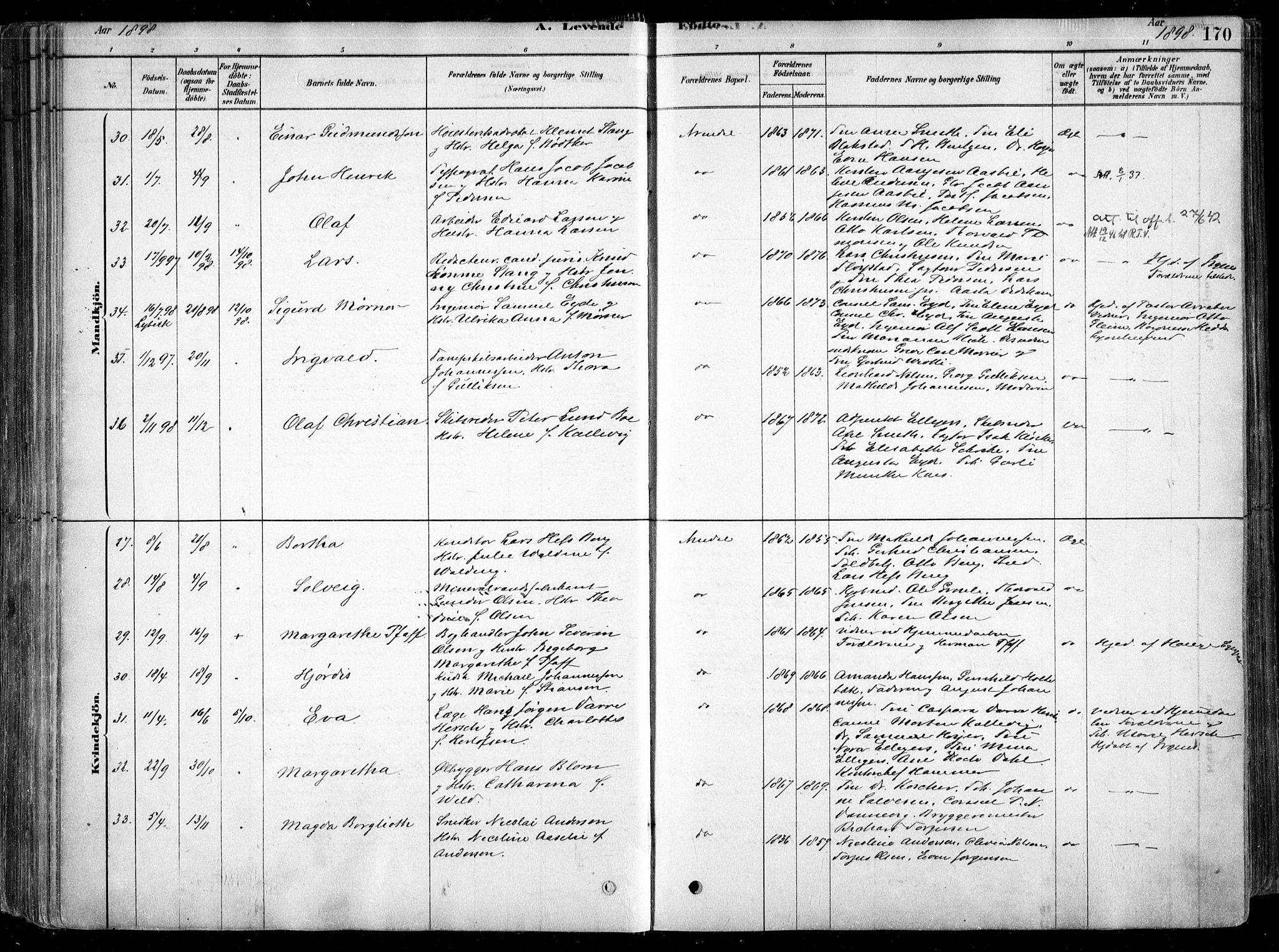 Arendal sokneprestkontor, Trefoldighet, AV/SAK-1111-0040/F/Fa/L0008: Ministerialbok nr. A 8, 1878-1899, s. 170