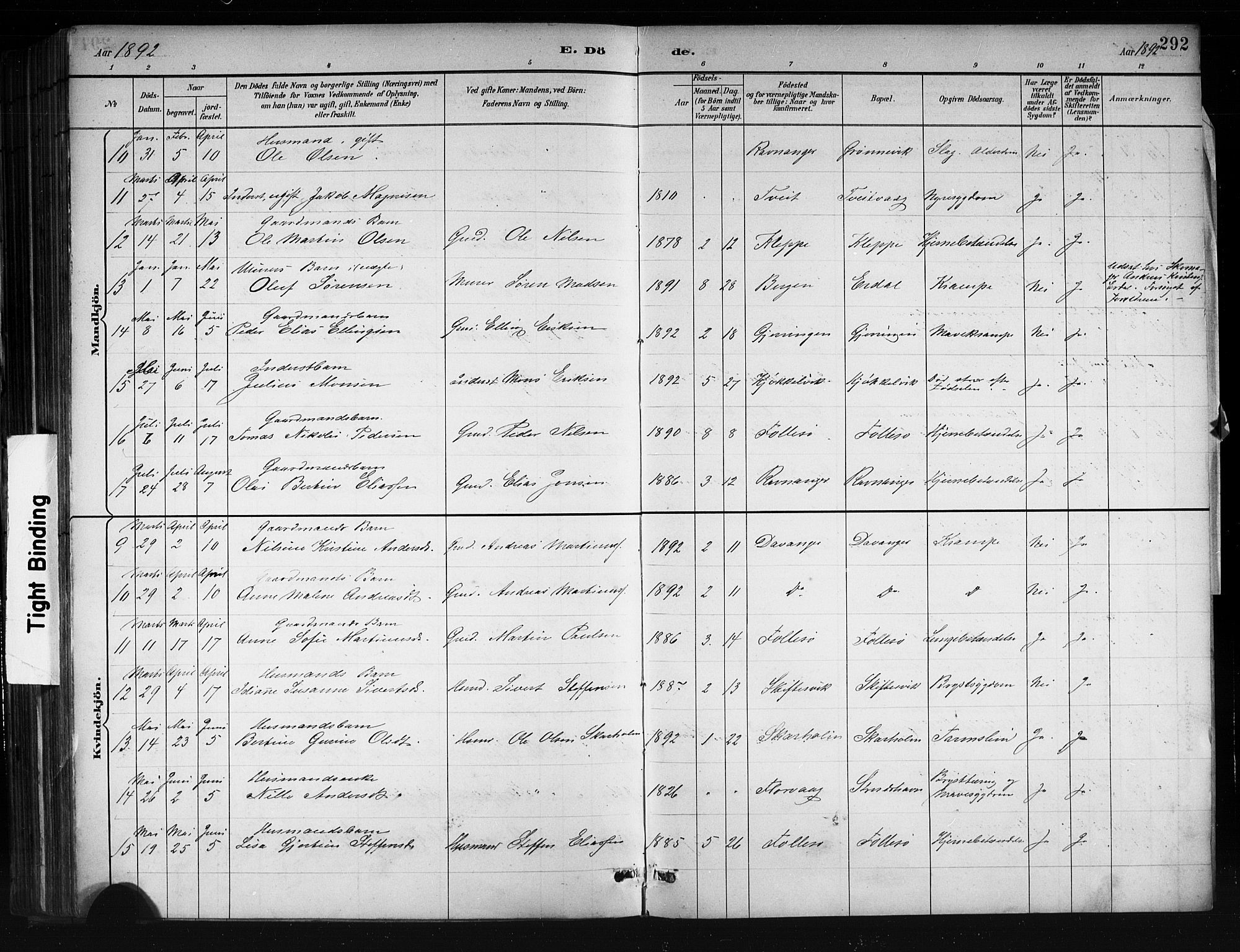 Askøy Sokneprestembete, SAB/A-74101/H/Ha/Hab/Haba/L0008: Klokkerbok nr. A 8, 1882-1893, s. 292