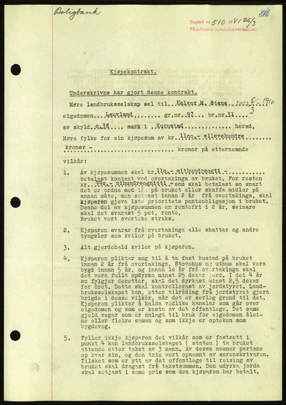 Nordmøre sorenskriveri, SAT/A-4132/1/2/2Ca: Pantebok nr. A89, 1940-1941, Dagboknr: 510/1941