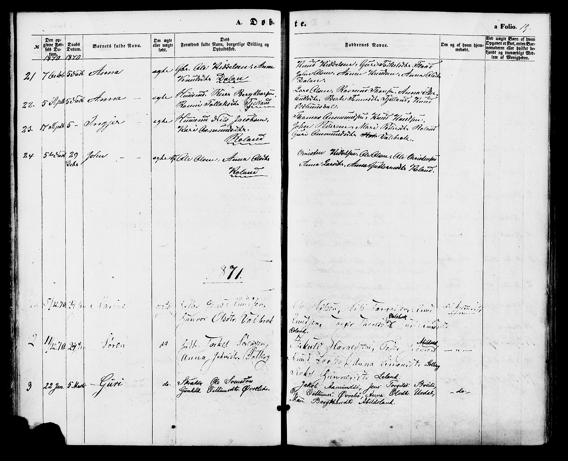 Bjelland sokneprestkontor, SAK/1111-0005/F/Fa/Faa/L0003: Ministerialbok nr. A 3, 1867-1887, s. 19