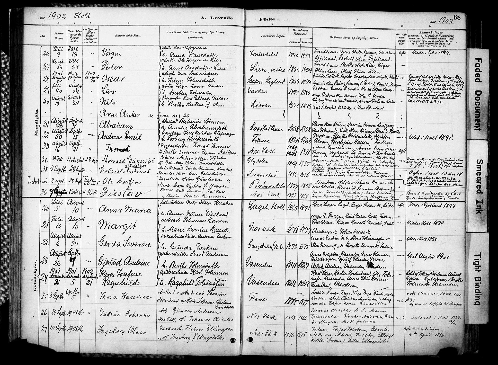Holt sokneprestkontor, AV/SAK-1111-0021/F/Fa/L0012: Ministerialbok nr. A 12, 1885-1907, s. 68