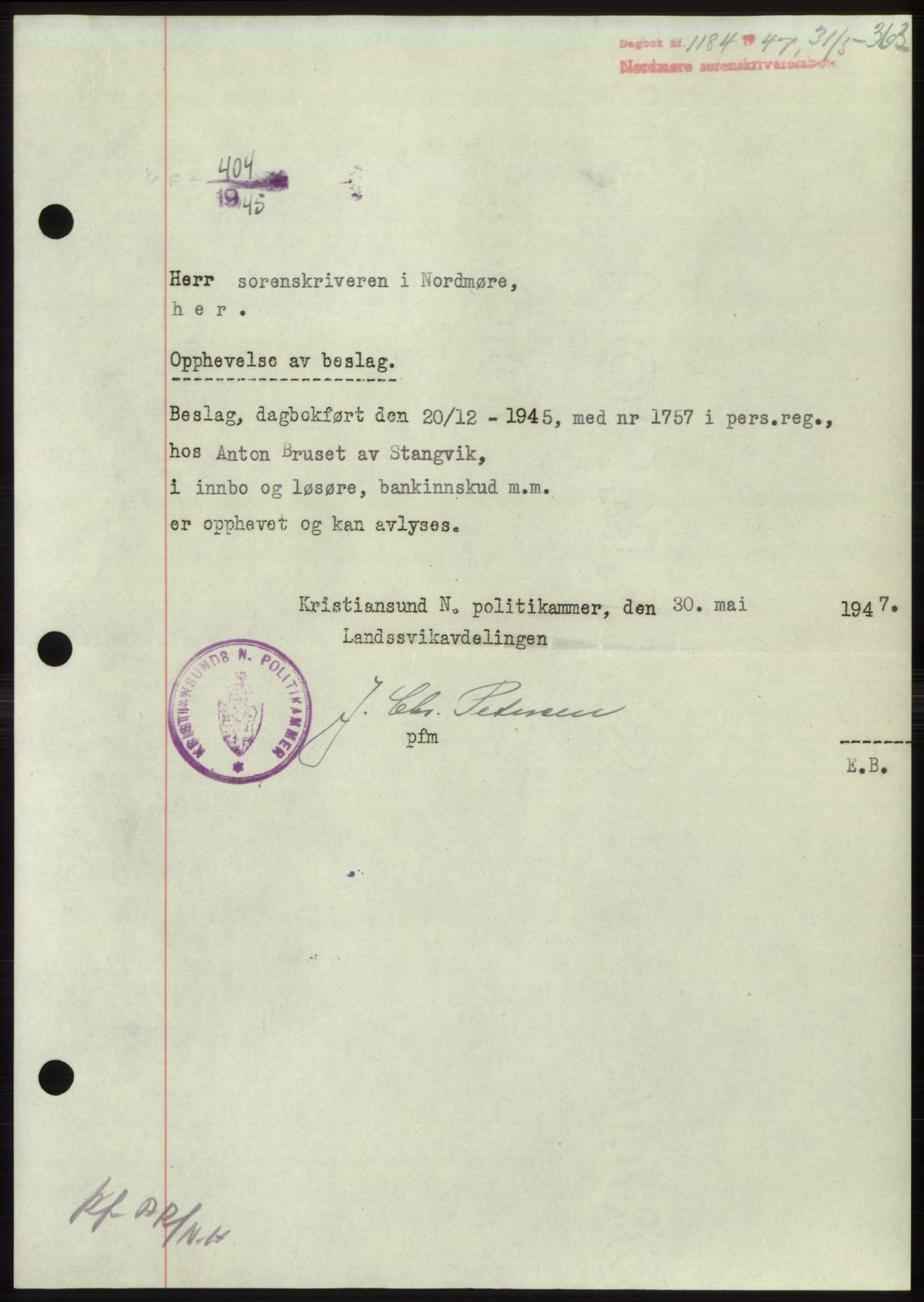Nordmøre sorenskriveri, SAT/A-4132/1/2/2Ca: Pantebok nr. B96, 1947-1947, Dagboknr: 1184/1947