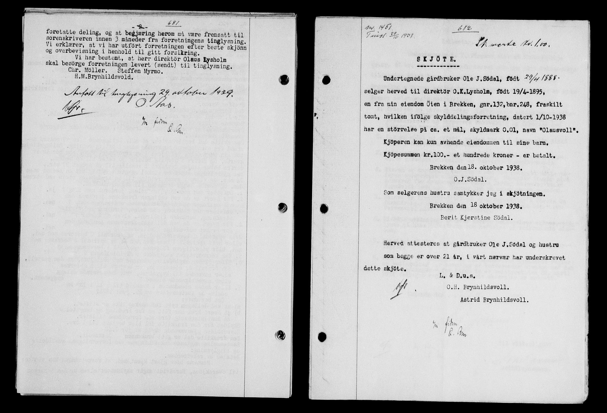 Gauldal sorenskriveri, SAT/A-0014/1/2/2C/L0049: Pantebok nr. 53, 1938-1938, Dagboknr: 1451/1938