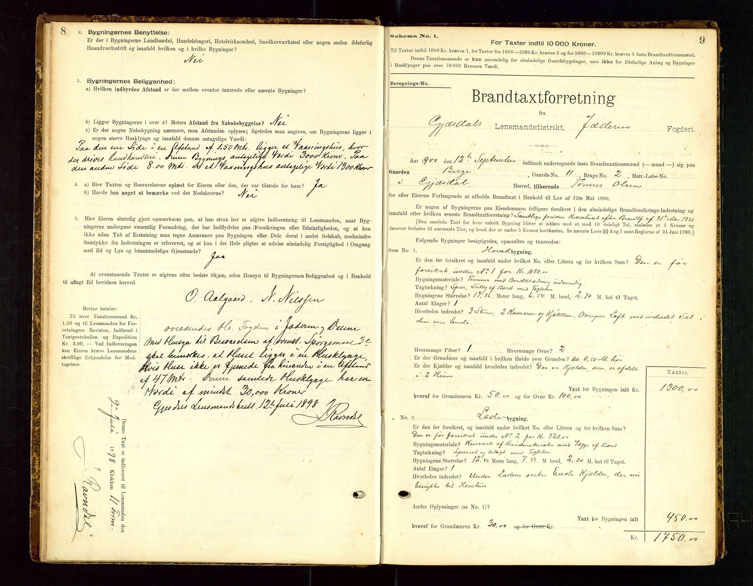 Gjesdal lensmannskontor, SAST/A-100441/Go/L0007: Branntakstskjemaprotokoll, 1894-1937, s. 8-9