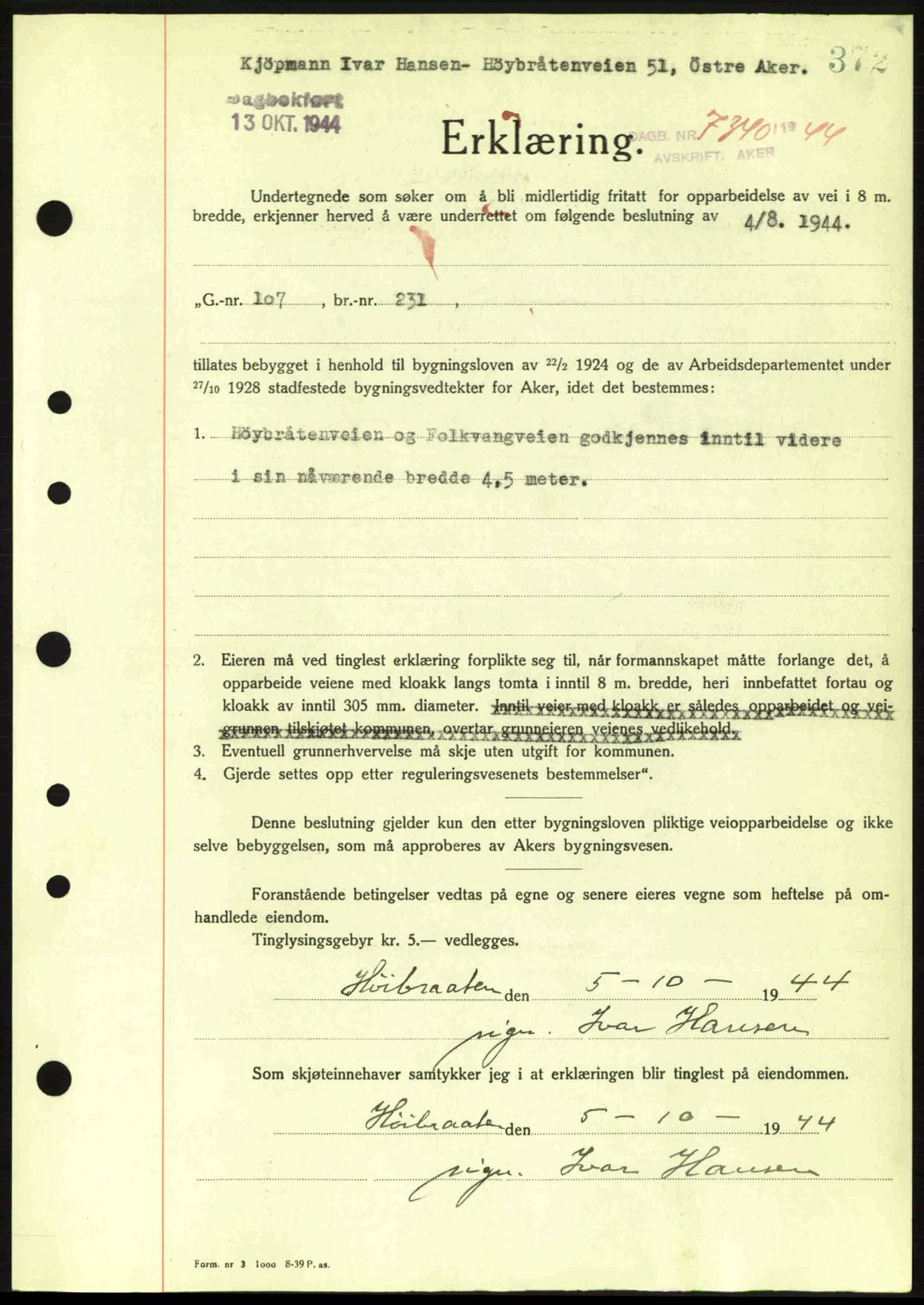 Aker herredsskriveri, SAO/A-10896/G/Gb/Gba/Gbac/L0035: Pantebok nr. B200-201, 1944-1944, Dagboknr: 7340/1944