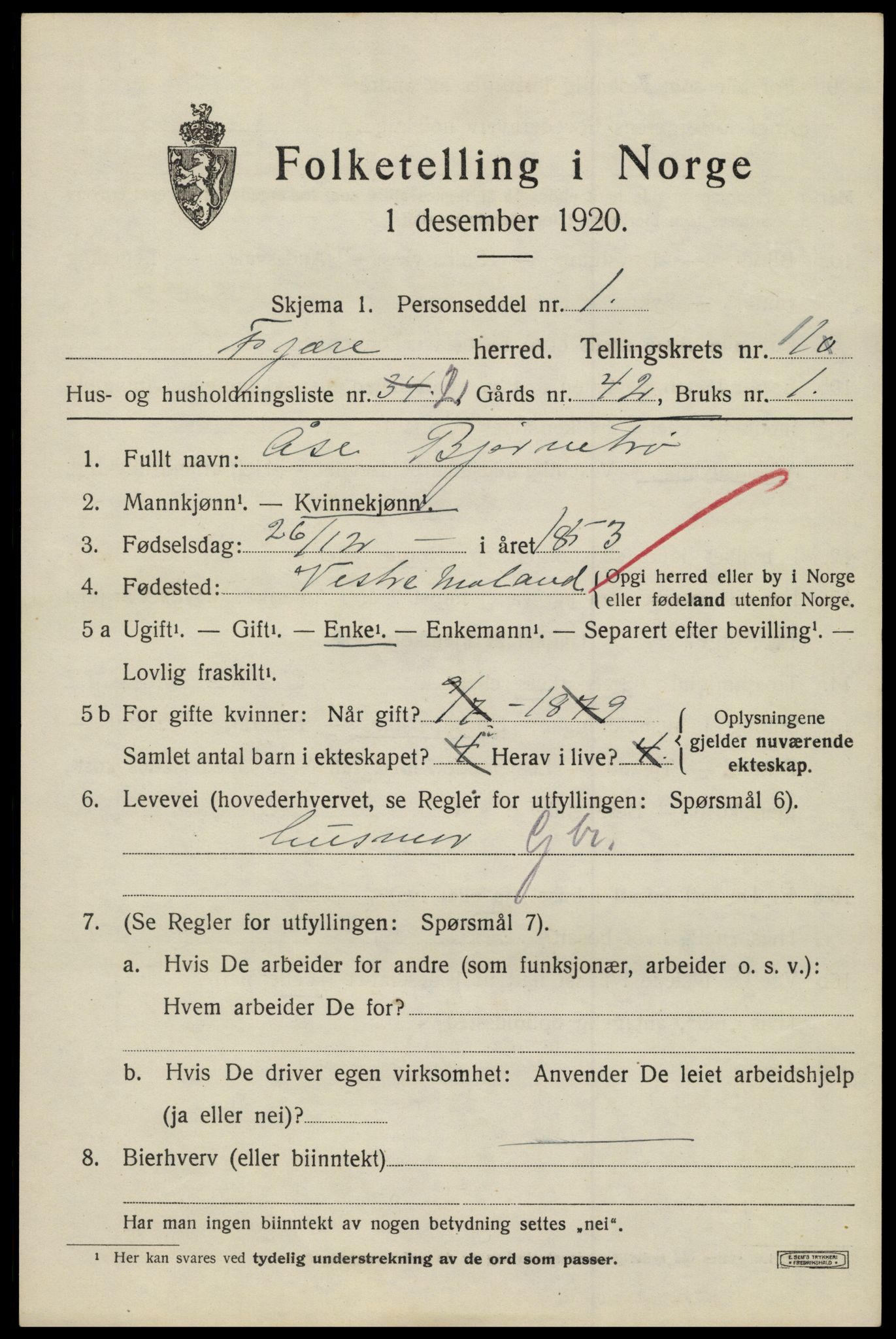 SAK, Folketelling 1920 for 0923 Fjære herred, 1920, s. 11741