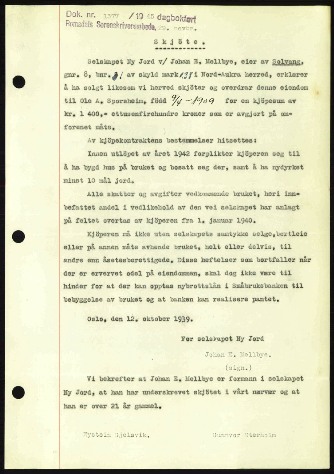 Romsdal sorenskriveri, SAT/A-4149/1/2/2C: Pantebok nr. A18, 1945-1945, Dagboknr: 1377/1945