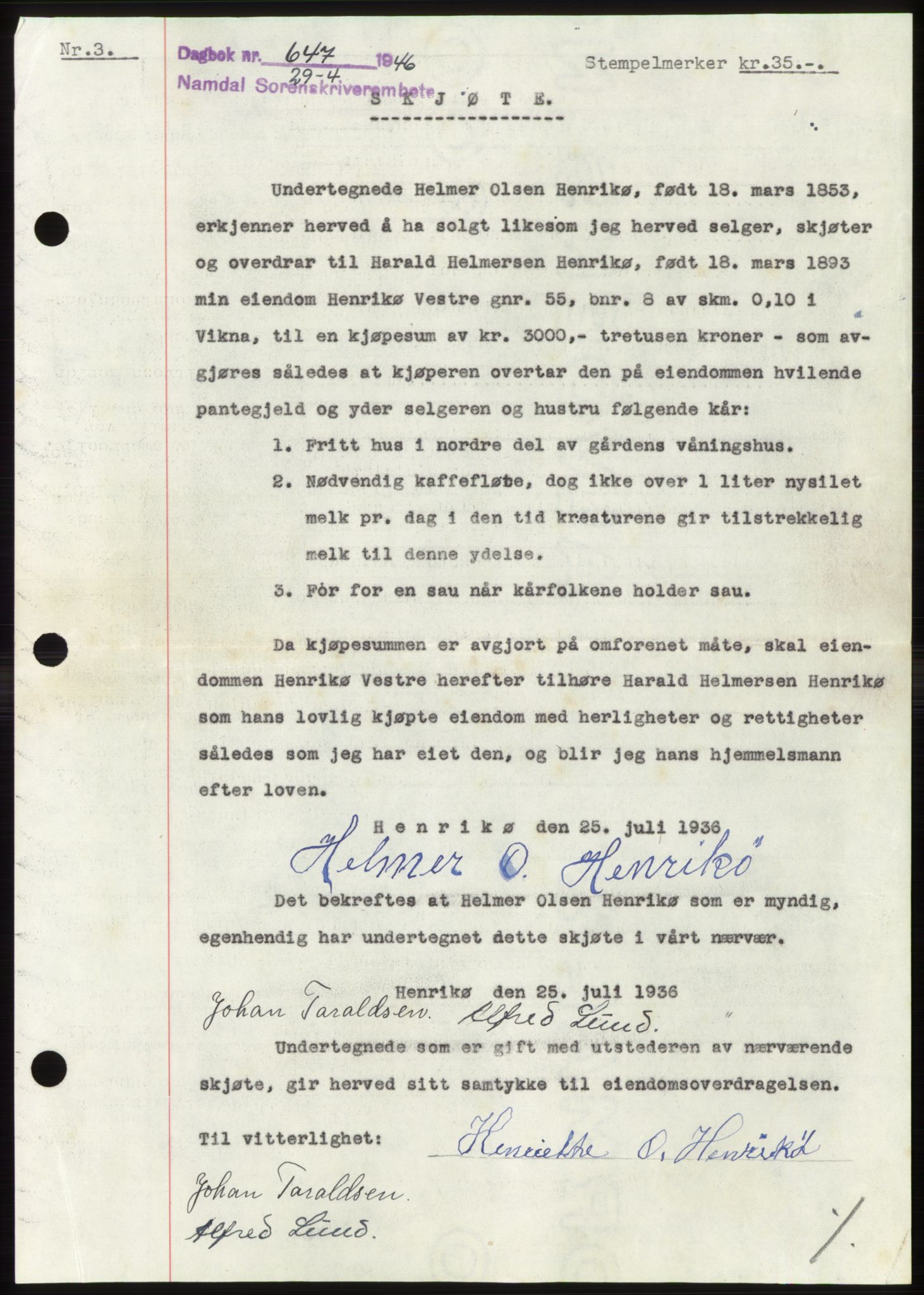 Namdal sorenskriveri, SAT/A-4133/1/2/2C: Pantebok nr. -, 1946-1946, Dagboknr: 647/1946