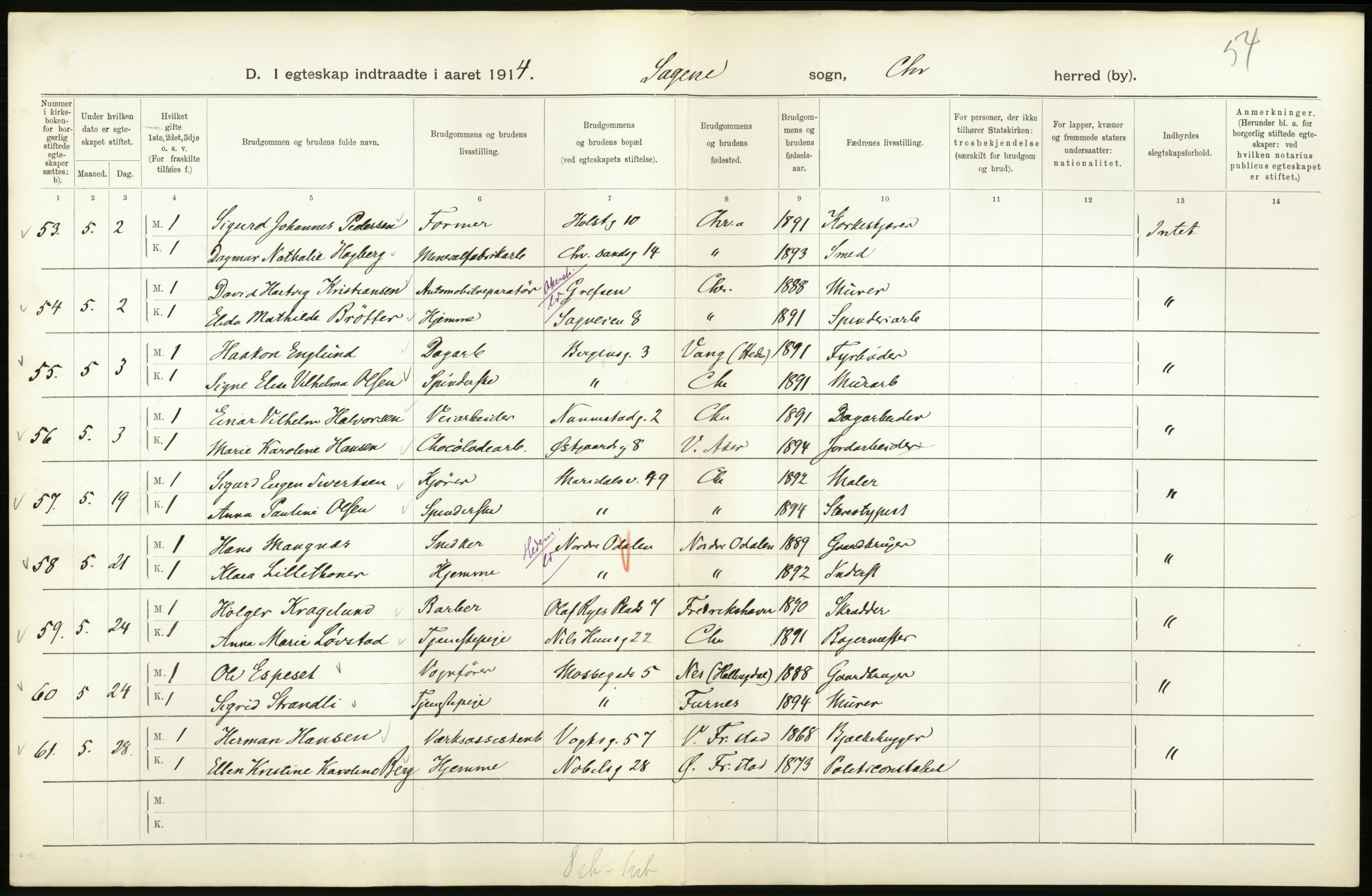 Statistisk sentralbyrå, Sosiodemografiske emner, Befolkning, AV/RA-S-2228/D/Df/Dfb/Dfbd/L0007: Kristiania: Gifte, 1914, s. 150