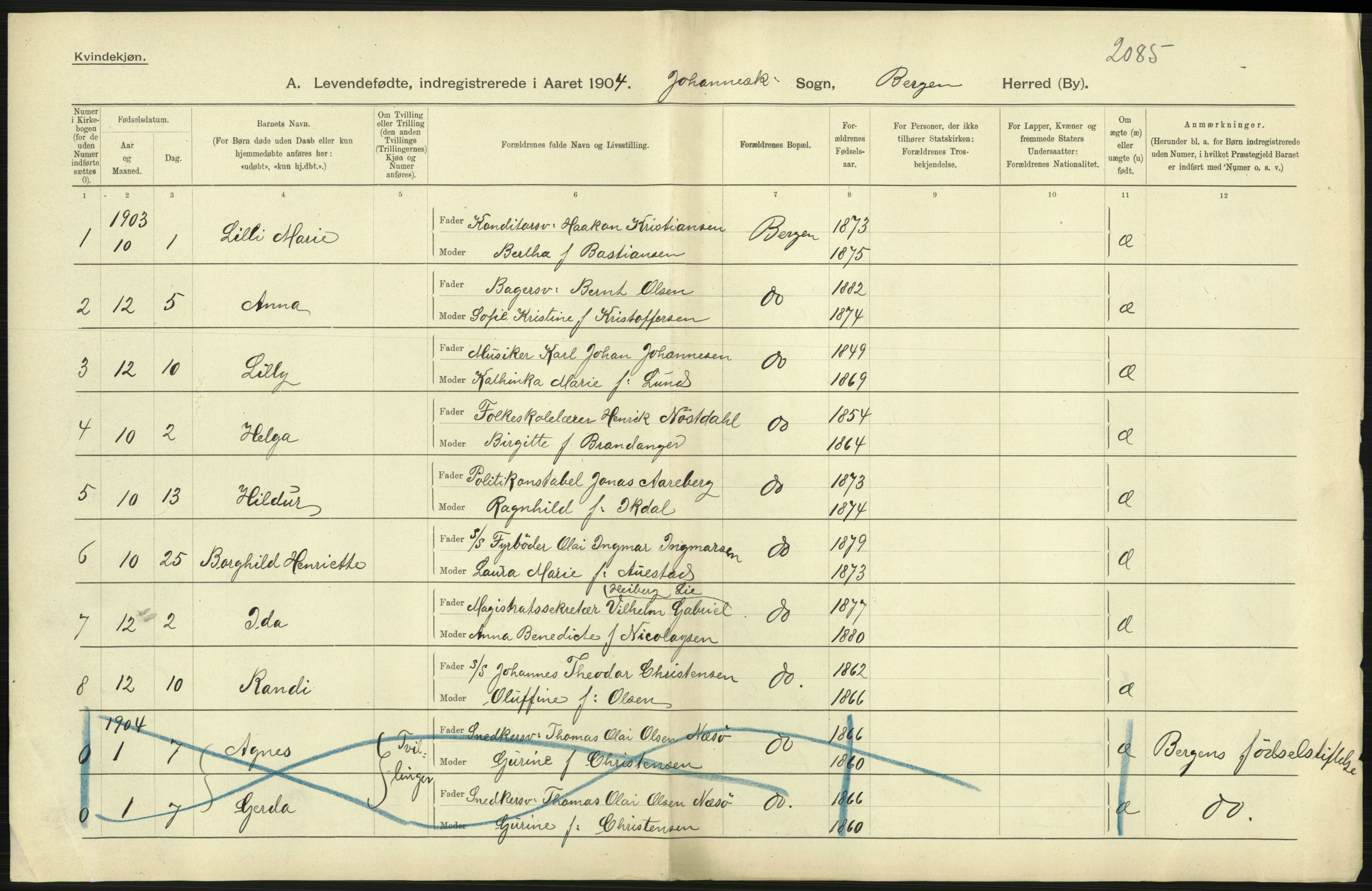 Statistisk sentralbyrå, Sosiodemografiske emner, Befolkning, AV/RA-S-2228/D/Df/Dfa/Dfab/L0014: Bergen: Fødte, gifte, døde, 1904, s. 45