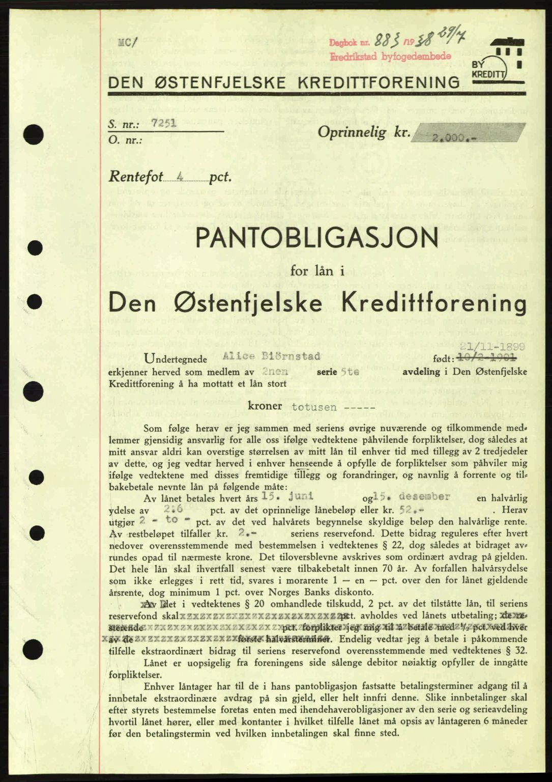 Fredrikstad byfogd, SAO/A-10473a/G/Ga/Gad/L0002: Pantebok nr. B2, 1938-1939, Dagboknr: 883/1938