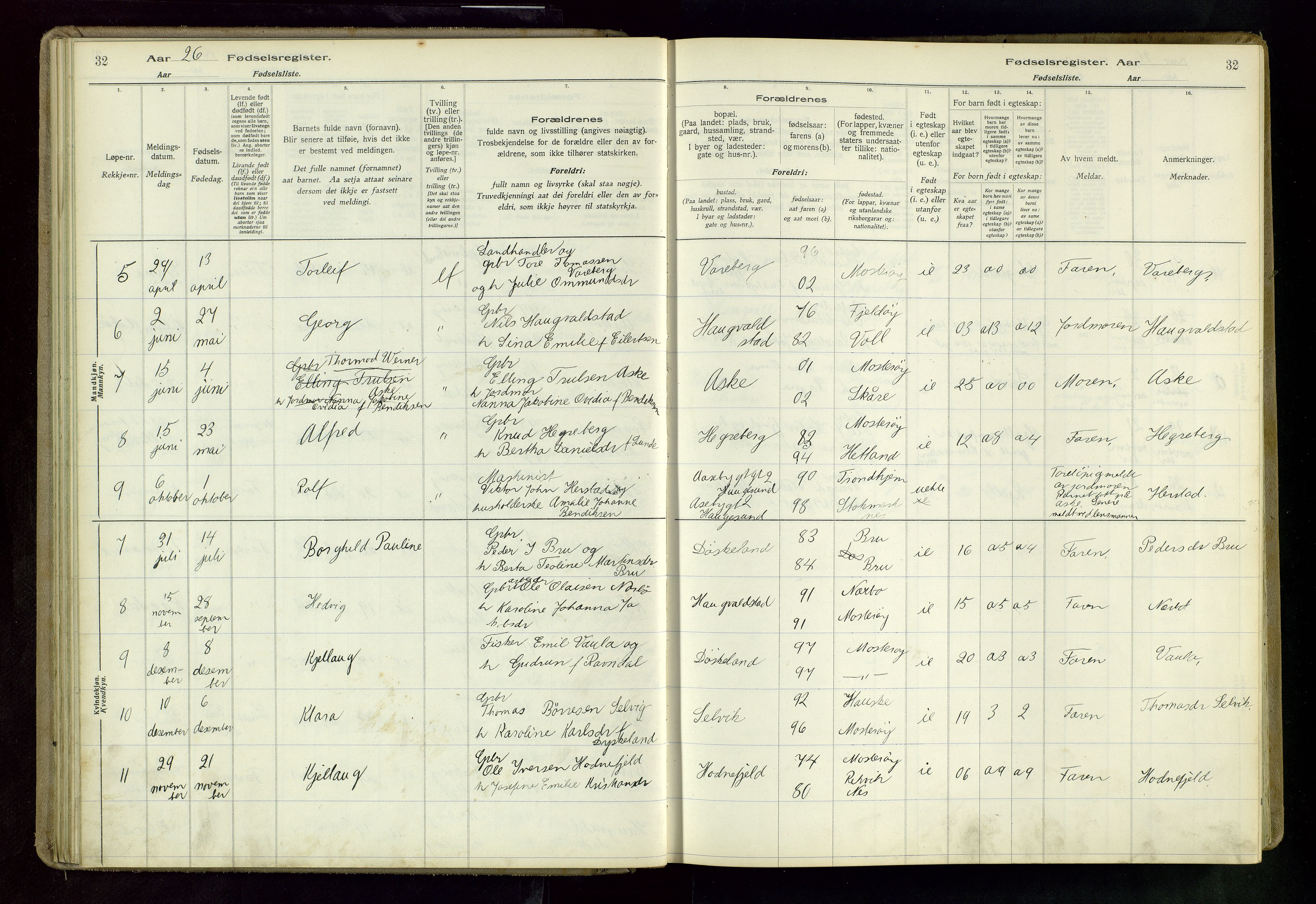 Rennesøy sokneprestkontor, AV/SAST-A -101827/I/Id/L0002: Fødselsregister nr. 2, 1916-1982, s. 32