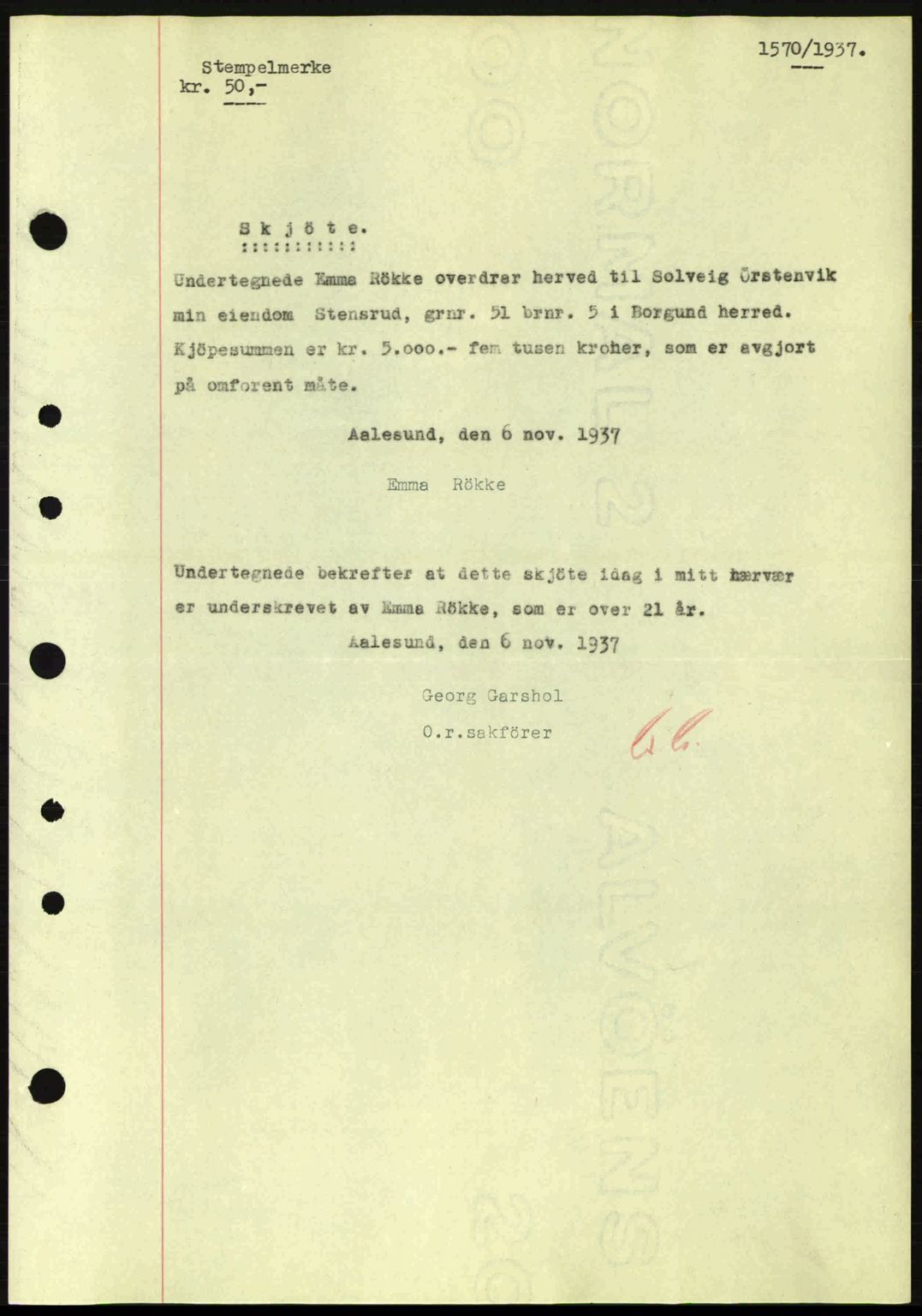 Nordre Sunnmøre sorenskriveri, SAT/A-0006/1/2/2C/2Ca: Pantebok nr. A3, 1937-1937, Dagboknr: 1570/1937