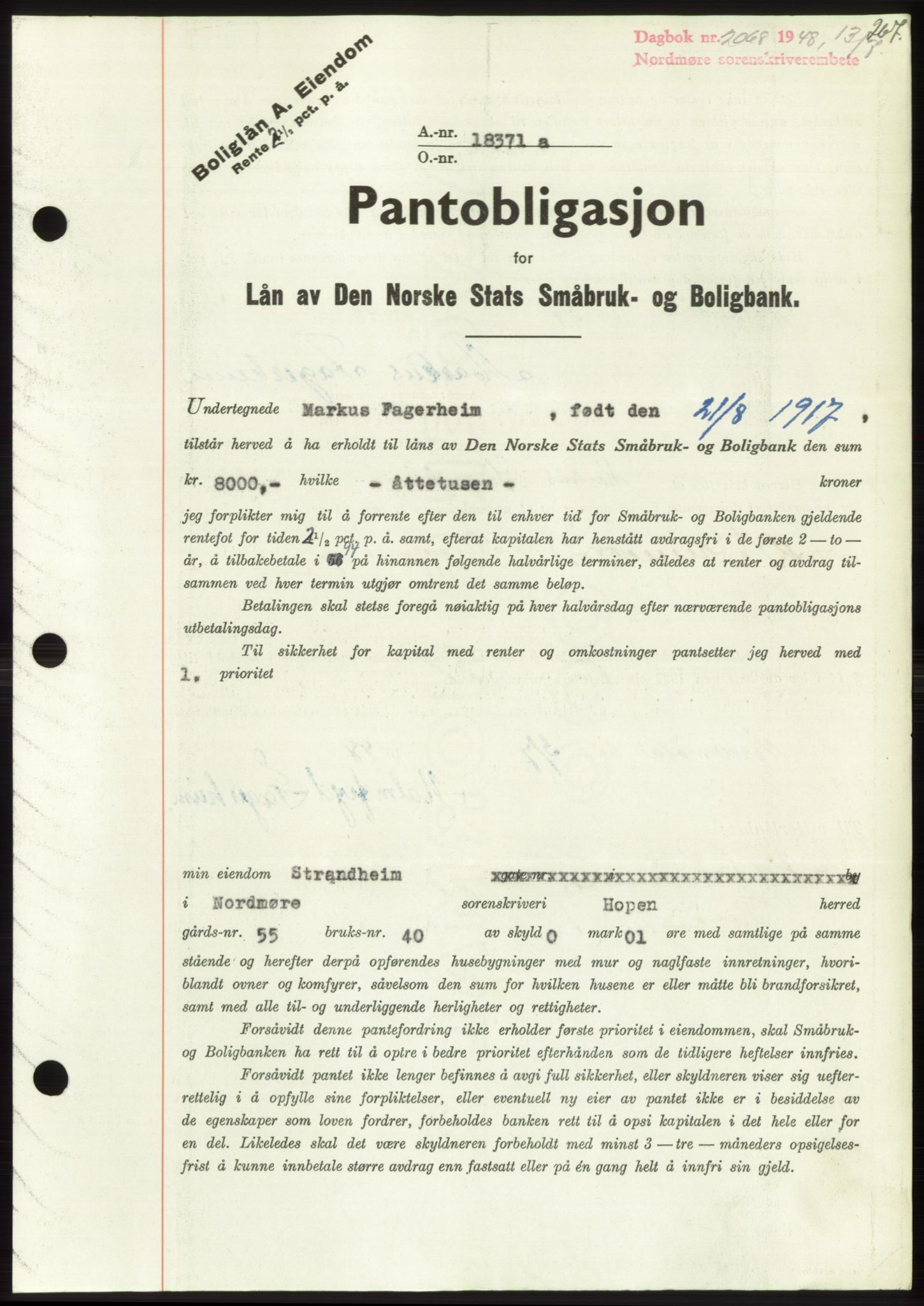 Nordmøre sorenskriveri, SAT/A-4132/1/2/2Ca: Pantebok nr. B99, 1948-1948, Dagboknr: 2068/1948