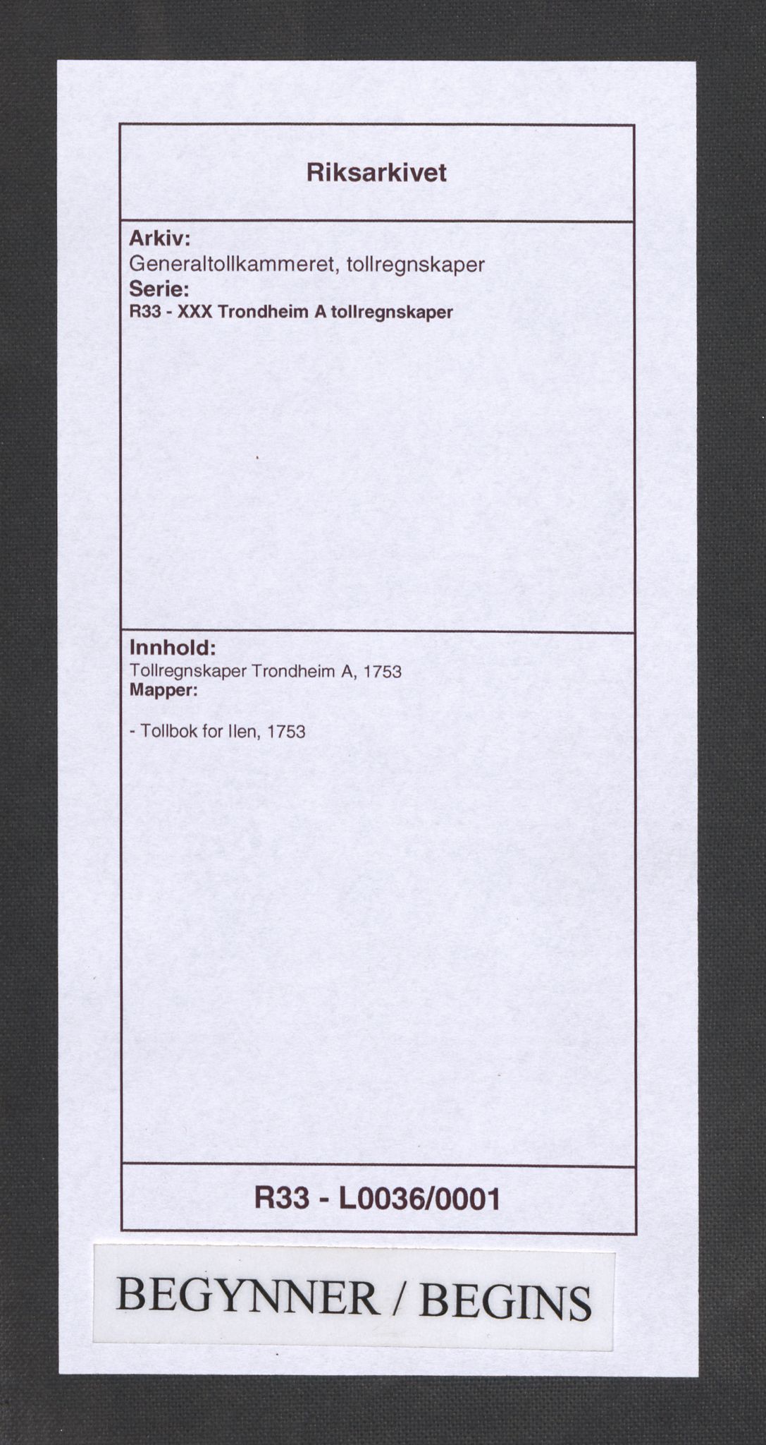 Generaltollkammeret, tollregnskaper, RA/EA-5490/R33/L0036/0001: Tollregnskaper Trondheim A / Tollbok for Ilen, 1753