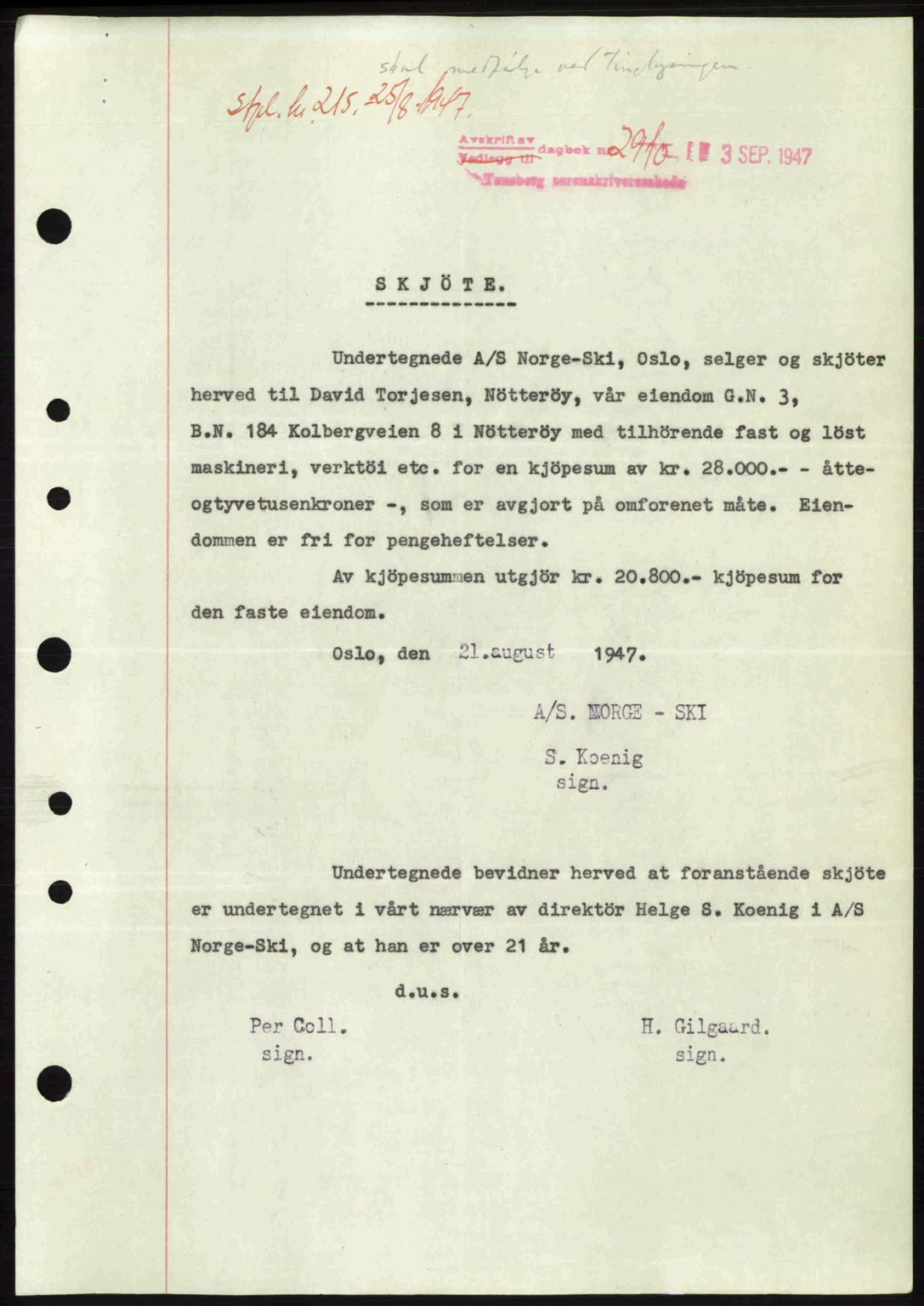 Tønsberg sorenskriveri, SAKO/A-130/G/Ga/Gaa/L0022: Pantebok nr. A22, 1947-1947, Dagboknr: 2910/1947