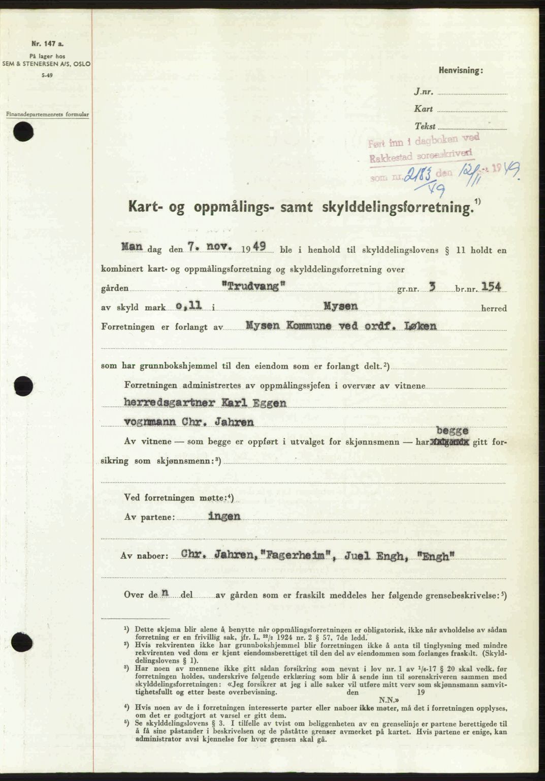 Rakkestad sorenskriveri, SAO/A-10686/G/Gb/Gba/Gbab/L0019: Pantebok nr. A19, 1949-1950, Dagboknr: 2183/1949