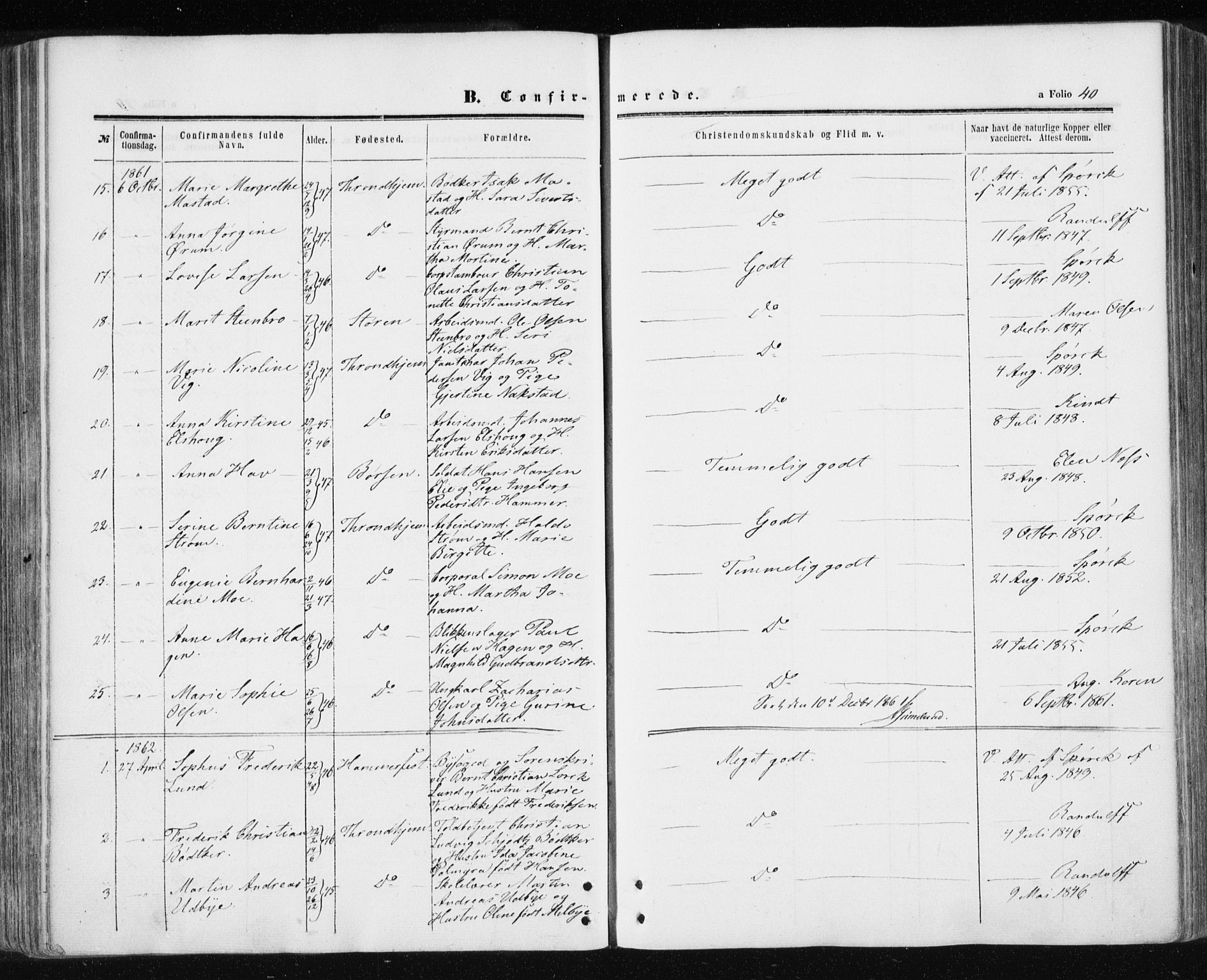 Ministerialprotokoller, klokkerbøker og fødselsregistre - Sør-Trøndelag, AV/SAT-A-1456/601/L0053: Ministerialbok nr. 601A21, 1857-1865, s. 40