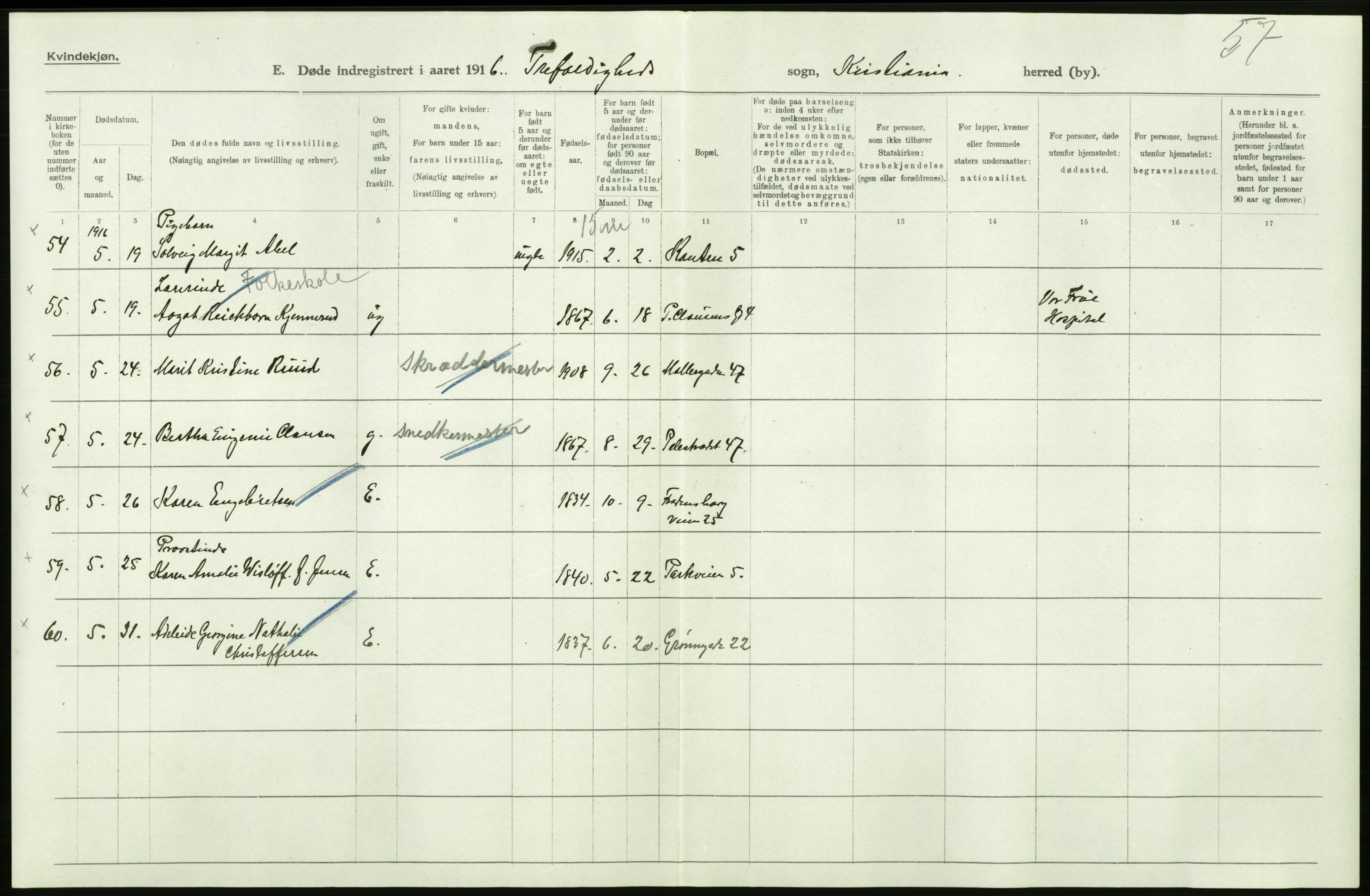 Statistisk sentralbyrå, Sosiodemografiske emner, Befolkning, AV/RA-S-2228/D/Df/Dfb/Dfbf/L0010: Kristiania: Døde, dødfødte., 1916, s. 126