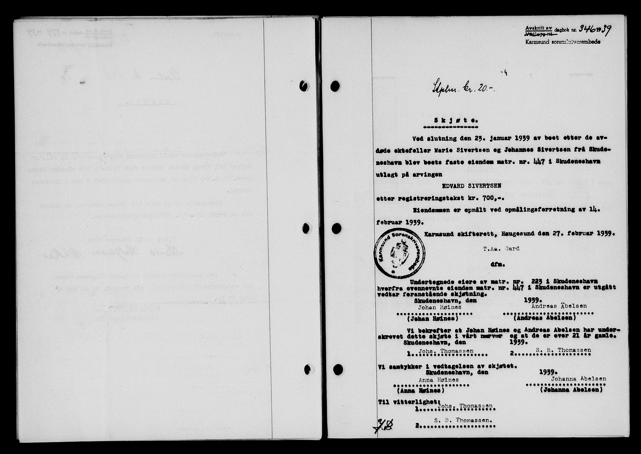 Karmsund sorenskriveri, SAST/A-100311/01/II/IIB/L0070: Pantebok nr. 51A, 1938-1939, Dagboknr: 346/1939