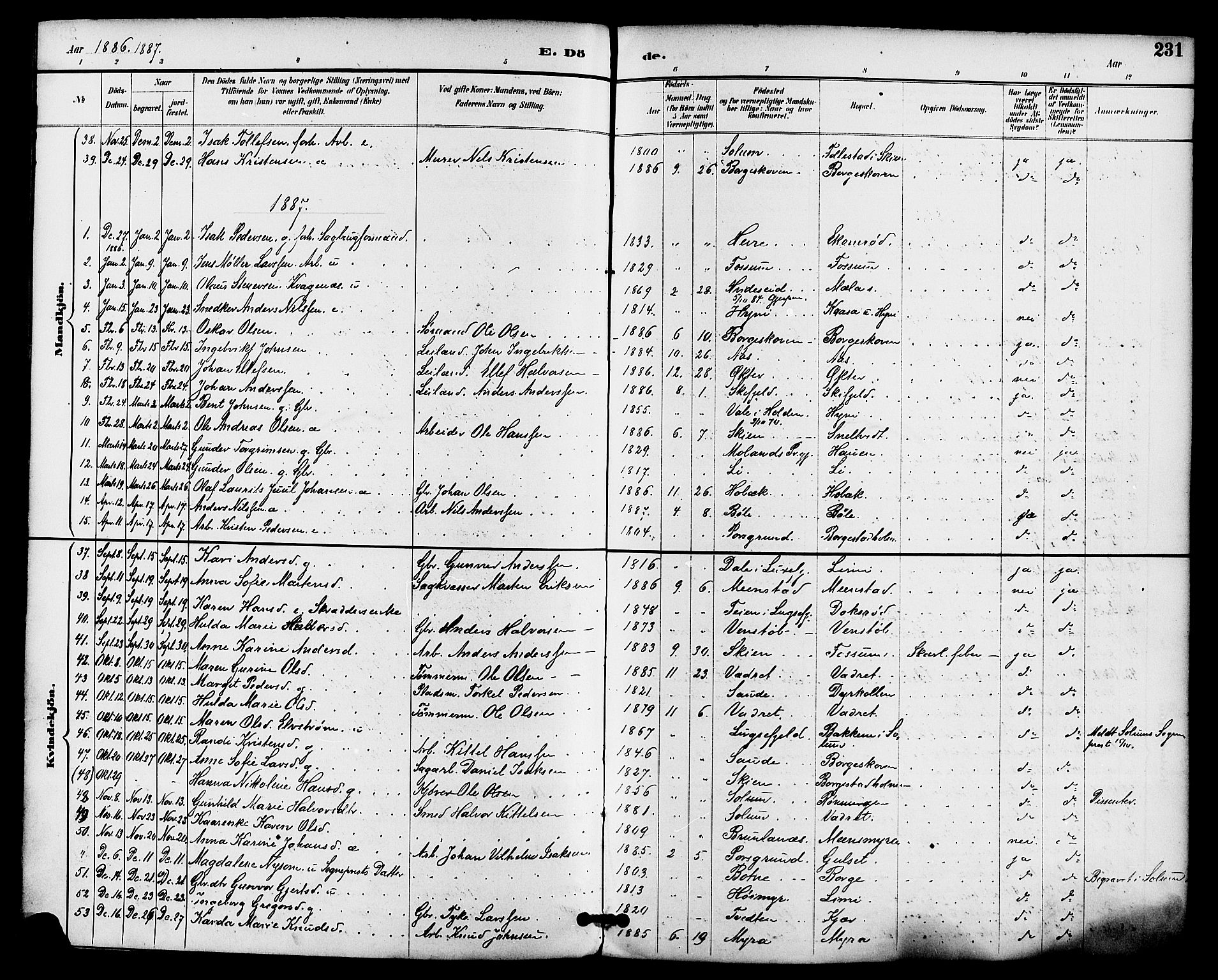 Gjerpen kirkebøker, AV/SAKO-A-265/F/Fa/L0010: Ministerialbok nr. I 10, 1886-1895, s. 231