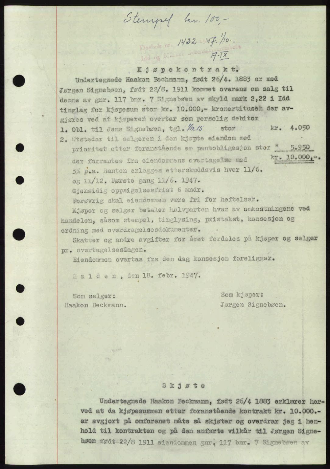 Idd og Marker sorenskriveri, SAO/A-10283/G/Gb/Gbb/L0009: Pantebok nr. A9, 1946-1947, Dagboknr: 1432/1947