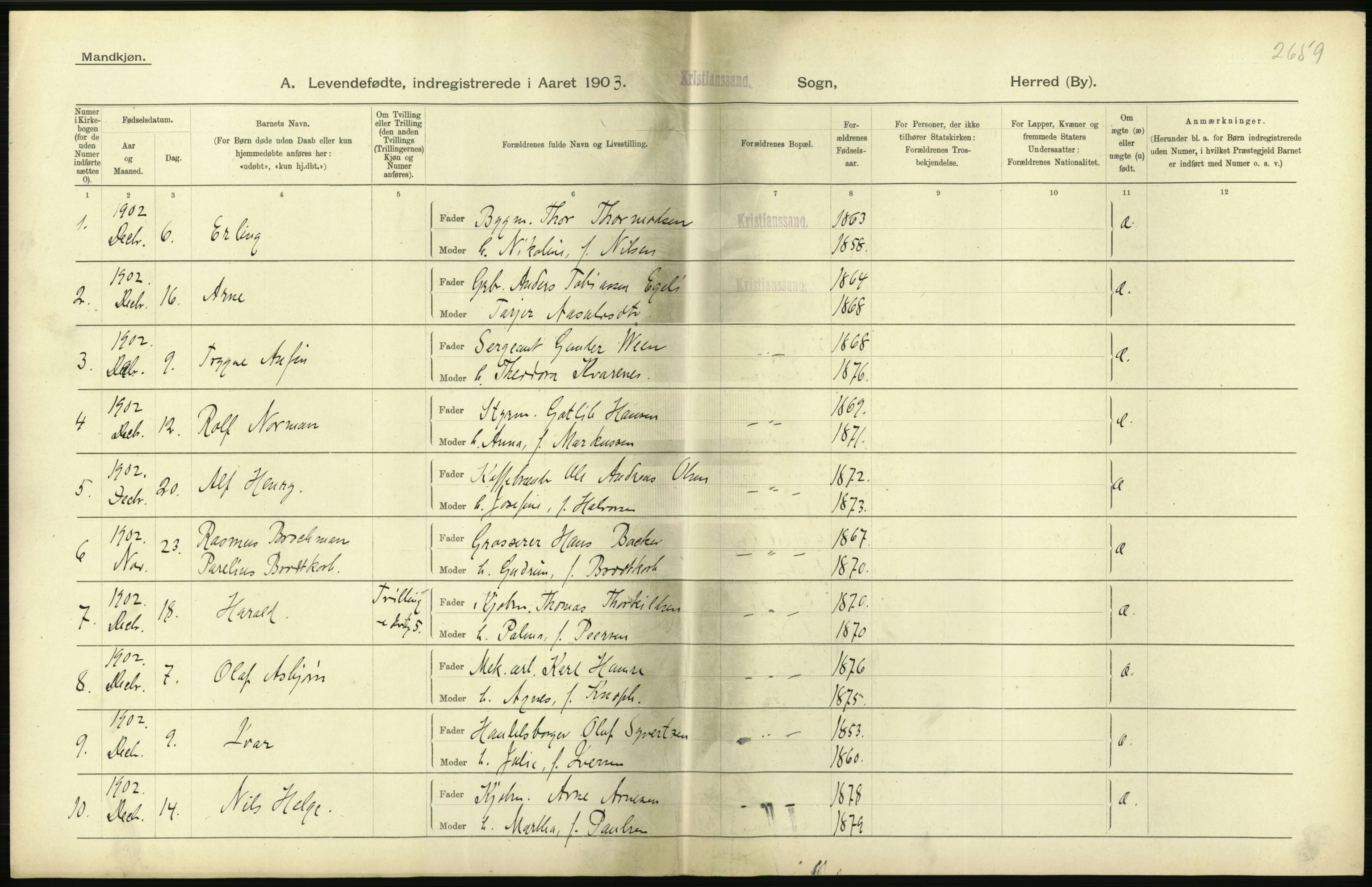 Statistisk sentralbyrå, Sosiodemografiske emner, Befolkning, AV/RA-S-2228/D/Df/Dfa/Dfaa/L0011: Lister og Mandal amt: Fødte, gifte, døde, 1903, s. 272