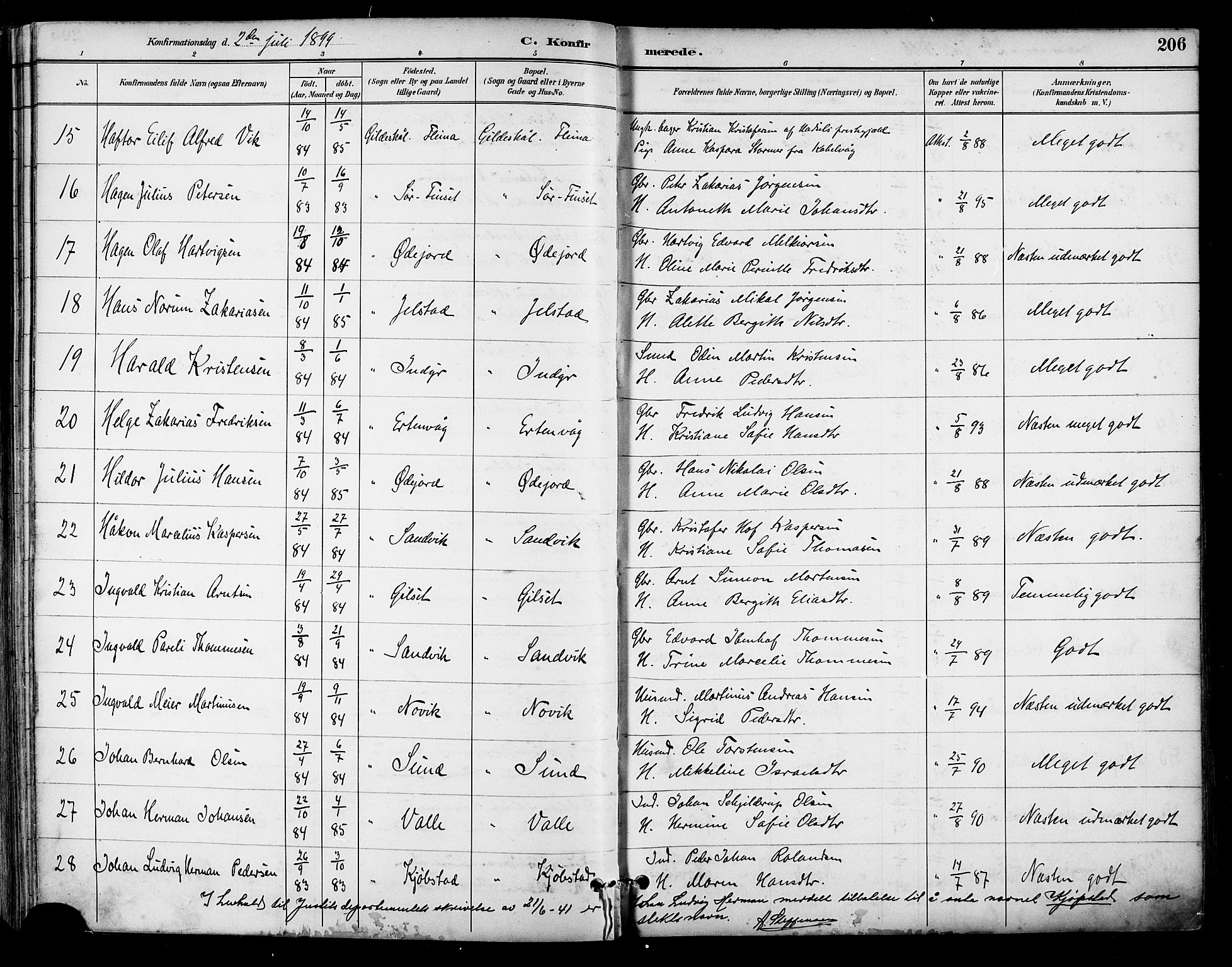 Ministerialprotokoller, klokkerbøker og fødselsregistre - Nordland, AV/SAT-A-1459/805/L0101: Ministerialbok nr. 805A07, 1892-1899, s. 206