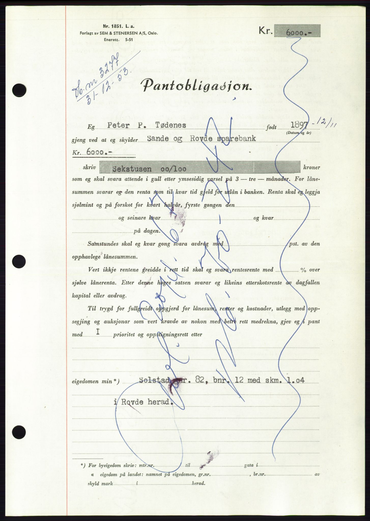 Søre Sunnmøre sorenskriveri, AV/SAT-A-4122/1/2/2C/L0124: Pantebok nr. 12B, 1953-1954, Dagboknr: 3277/1953