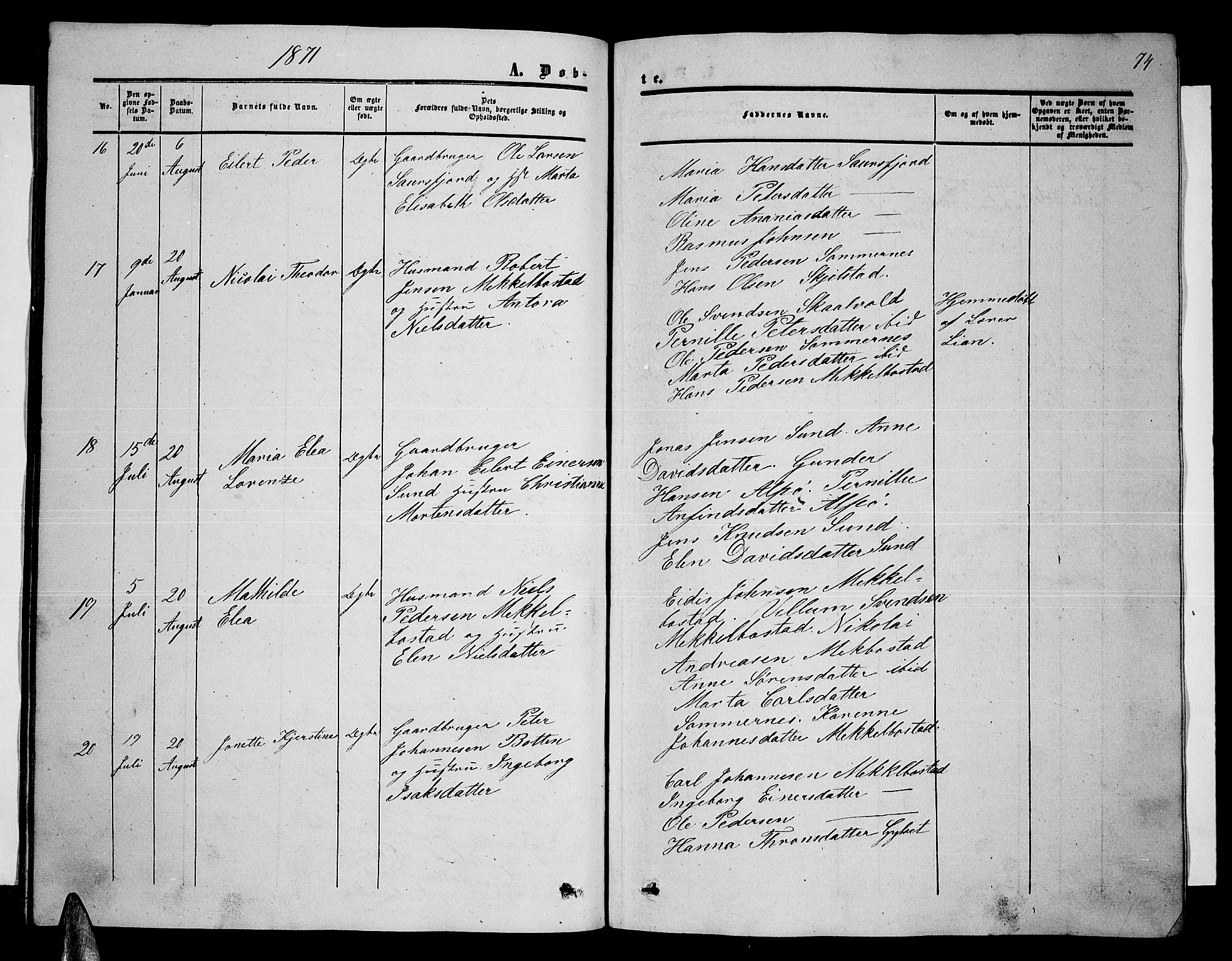 Ministerialprotokoller, klokkerbøker og fødselsregistre - Nordland, AV/SAT-A-1459/857/L0827: Klokkerbok nr. 857C02, 1852-1879, s. 74
