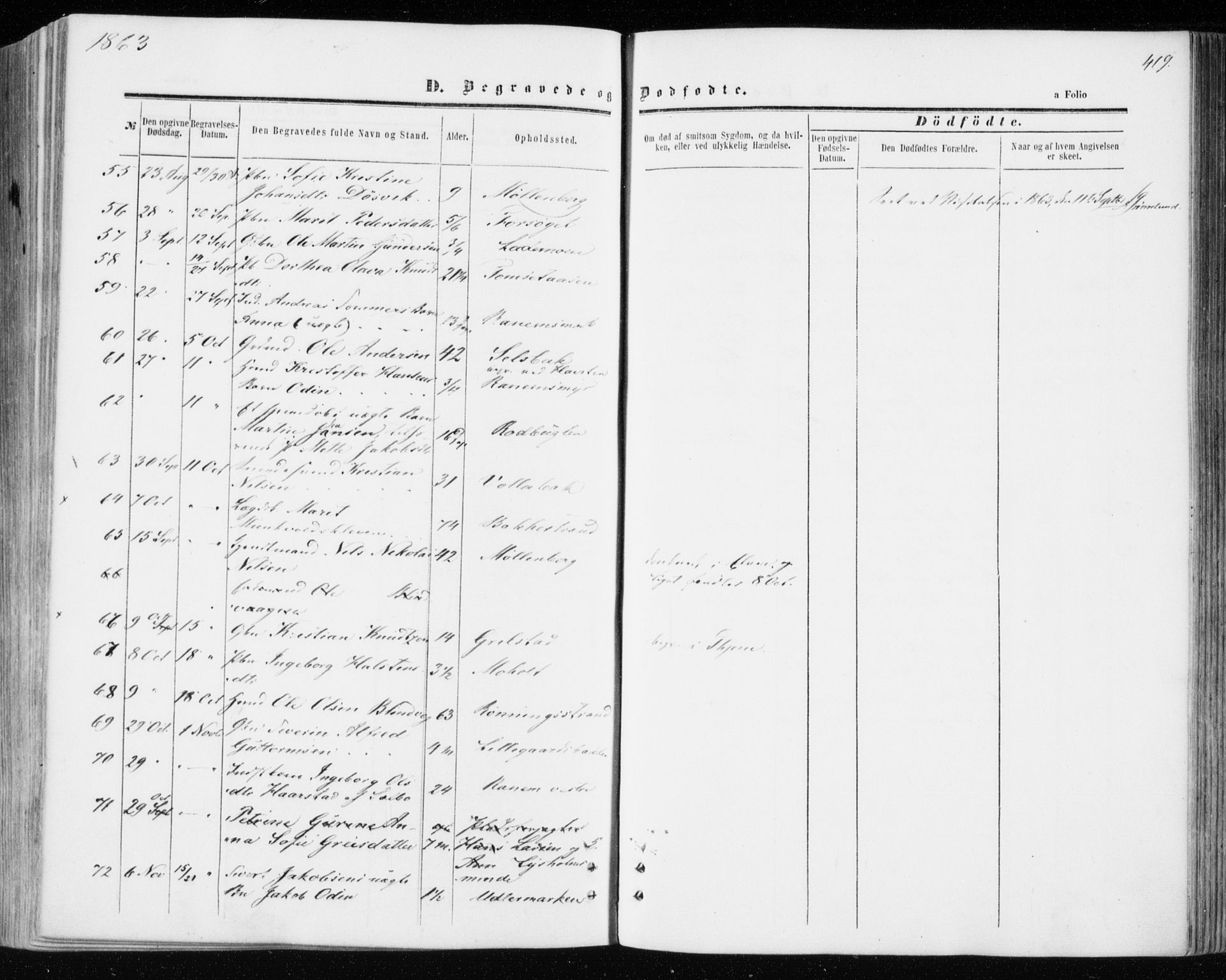 Ministerialprotokoller, klokkerbøker og fødselsregistre - Sør-Trøndelag, SAT/A-1456/606/L0292: Ministerialbok nr. 606A07, 1856-1865, s. 419