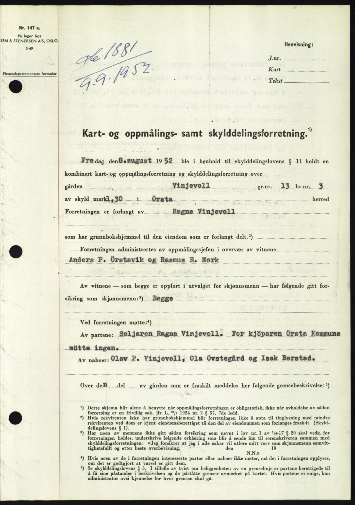 Søre Sunnmøre sorenskriveri, SAT/A-4122/1/2/2C/L0093: Pantebok nr. 19A, 1952-1953, Dagboknr: 1881/1952