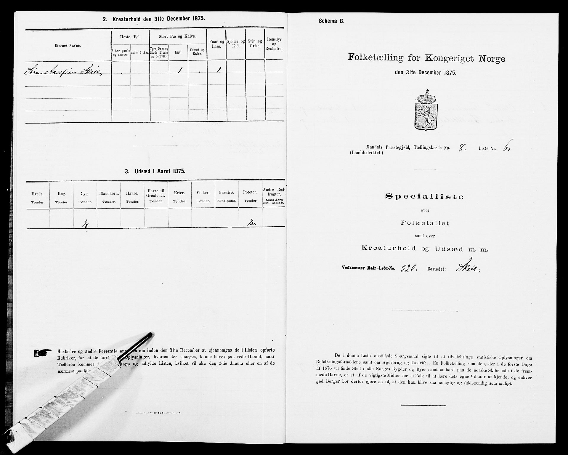 SAK, Folketelling 1875 for 1019L Mandal prestegjeld, Halse sokn og Harkmark sokn, 1875, s. 1134