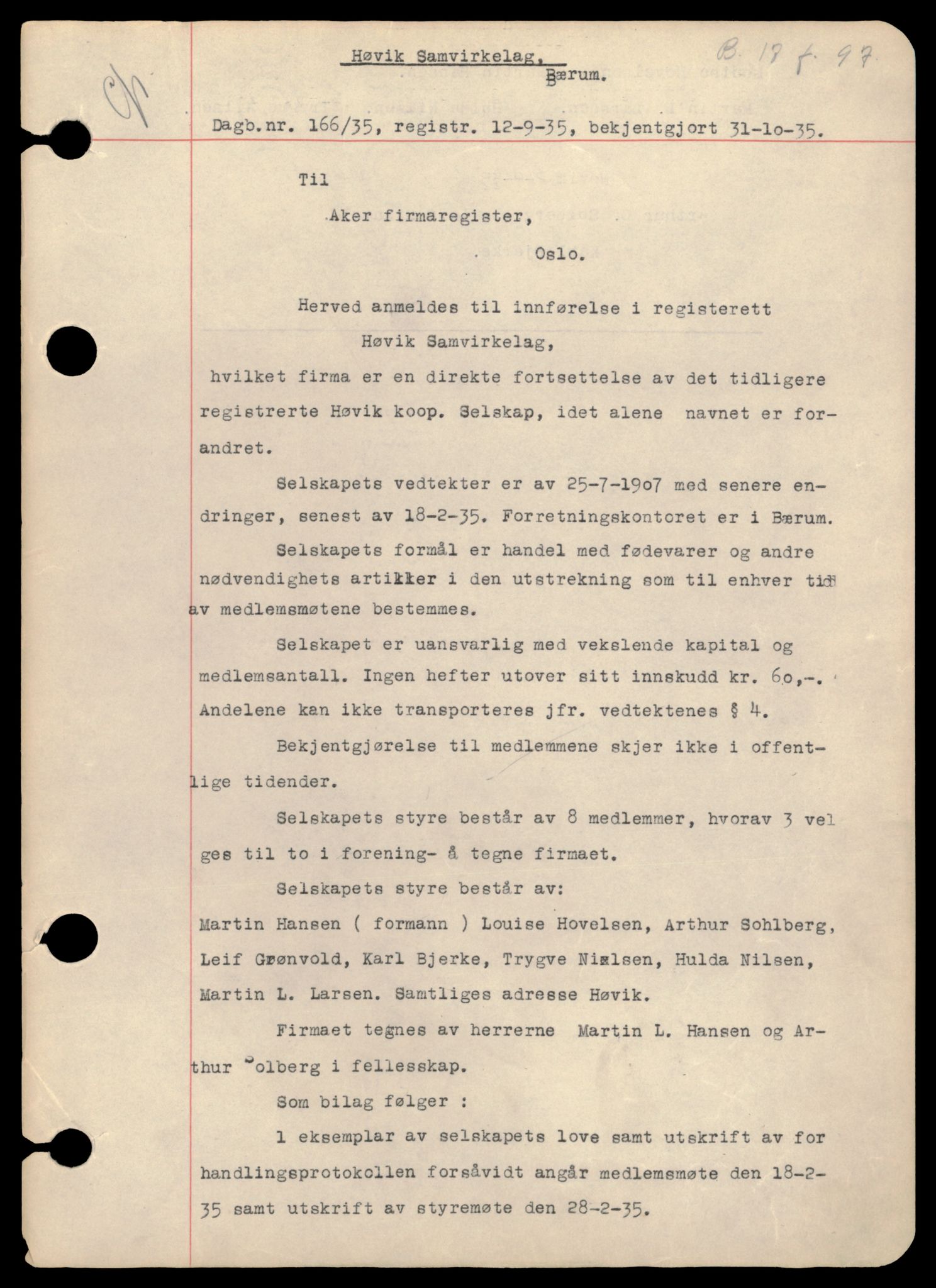 Asker og Bærum tingrett, SAT/A-10379/K/Kb/Kba/L0098: Slettede andelslag Østre Bærum, H - S, 1890-1972, s. 1
